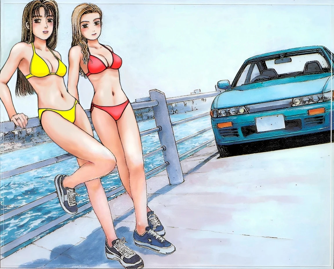 sayuki, shigeno shuuichi, satou mako, sayuki (initial d), converse, initial d, nissan, absurdres, highres, third-party edit, 2girls, arm support, bikini, bra, breasts, brown eyes, brown hair, car, casual, cityscape, cleavage, crossed legs, day, dutch angle, female focus, fence, hair over shoulder, jewelry, large breasts, leaning back, leg lift, legs, lips, long hair, looking at viewer, medium breasts, motor vehicle, multiple girls, nissan sileighty, no socks, outdoors, parted bangs, public indecency, railing, red bikini, right-hand drive, ring, shadow, shoes, side slit, sil-eighty, sky, sneakers, standing, standing on one leg, star (symbol), star print, swept bangs, swimsuit, underwear, water, wavy hair, yellow bikini
