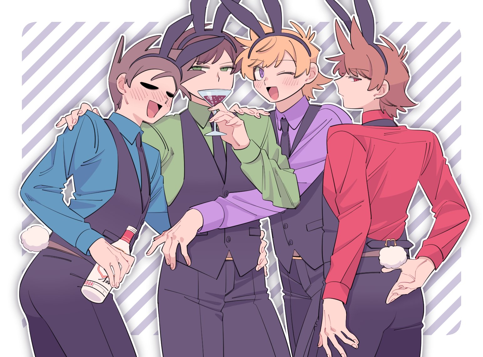 mjsc 10, edd (eddsworld), matt (eddsworld), tom (eddsworld), eddsworld, commentary, symbol-only commentary, 4boys, :d, ;d, alcohol, alternate costume, alternate eye color, animal ear hairband, animal ears, animification, antenna hair, black hairband, black necktie, black pants, black vest, blue shirt, blush, border, bottle, brown hair, buttons, closed mouth, collared shirt, covered mouth, cowboy shot, cup, diagonal-striped background, drinking glass, fake animal ears, fake tail, fingernails, green eyes, green shirt, grey background, hair behind ear, hair horns, hairband, hand on another's hip, hand on another's shoulder, holding, holding bottle, holding cup, hollow eyes, looking at another, looking at viewer, looking back, male focus, male playboy bunny, multiple boys, necktie, nose blush, one eye closed, open mouth, orange hair, outline, outside border, pants, profile, purple eyes, purple shirt, rabbit ear hairband, rabbit ears, rabbit tail, red eyes, red shirt, red wine, shirt, short hair, sideways glance, simple background, smile, standing, striped background, swept bangs, tail, tord (eddsworld), two-tone background, very short hair, vest, white background, white border, white outline, white tail, wine, wine glass