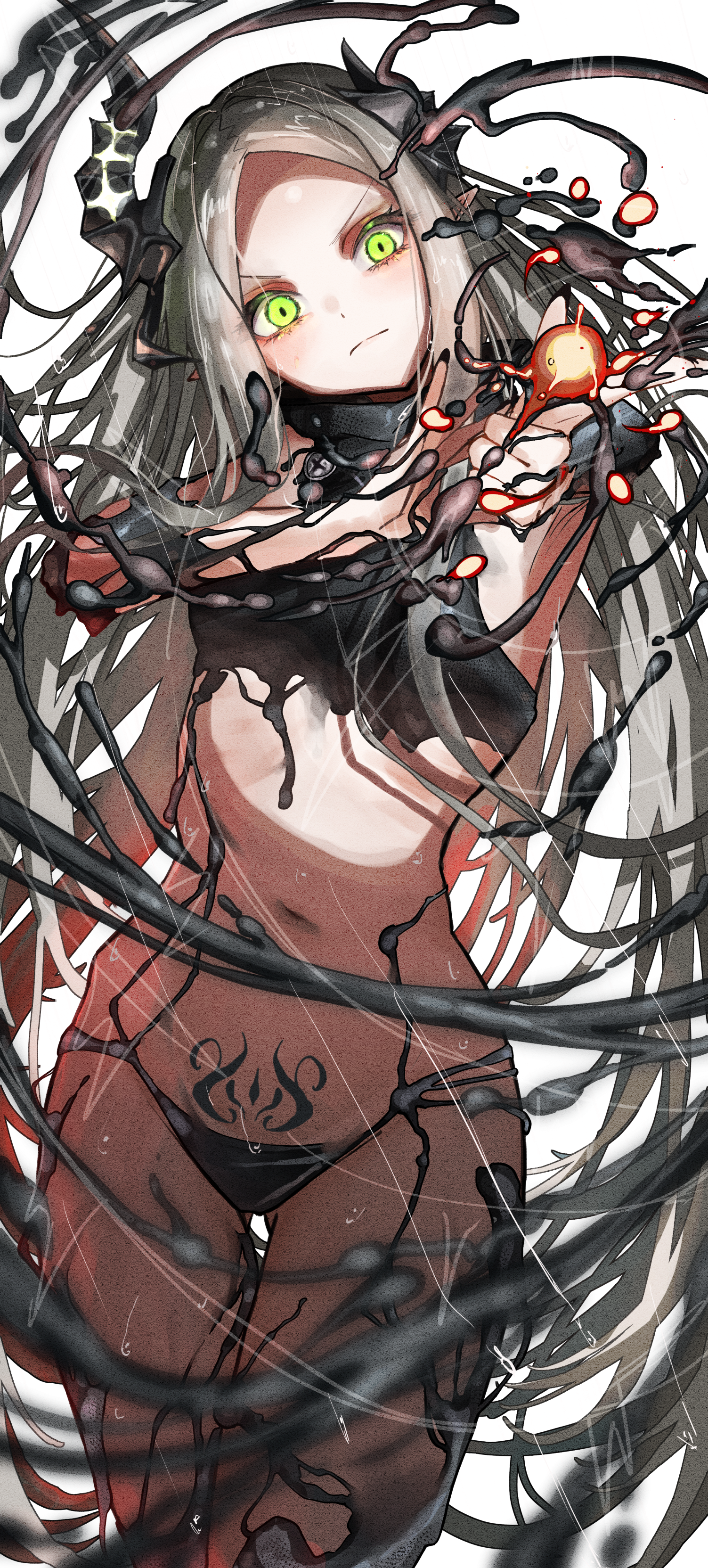 iwazaki, leviathan (nikke), goddess of victory: nikke, shiny eyes, absurdres, highres, 1girl, black horns, black liquid, black nails, blush, breasts, fangs, forehead, green eyes, grey hair, horns, liquid clothes, looking at viewer, navel, outstretched arm, piercing, pointing, pointing at viewer, pointy ears, pubic tattoo, revealing clothes, small breasts, solo, tattoo