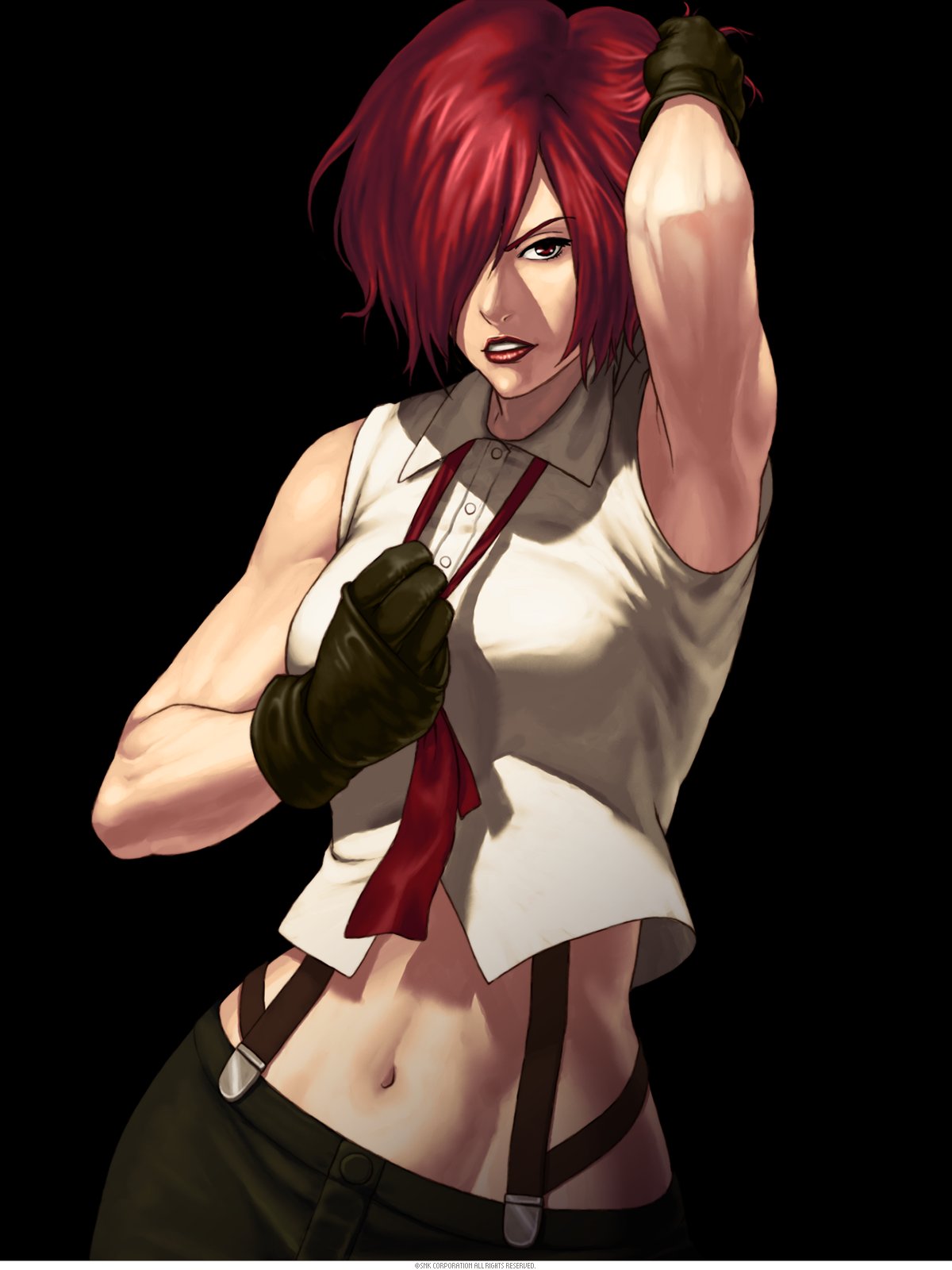 vanessa (kof), snk, the king of fighters, highres, official art, 1girl, bare shoulders, black gloves, breasts, crop top, cropped shirt, gloves, large breasts, lipstick, looking at viewer, makeup, mature female, midriff, navel, necktie, pants, red eyes, red hair, red necktie, shirt, short hair, sleeveless, solo, square-end necktie, suspenders