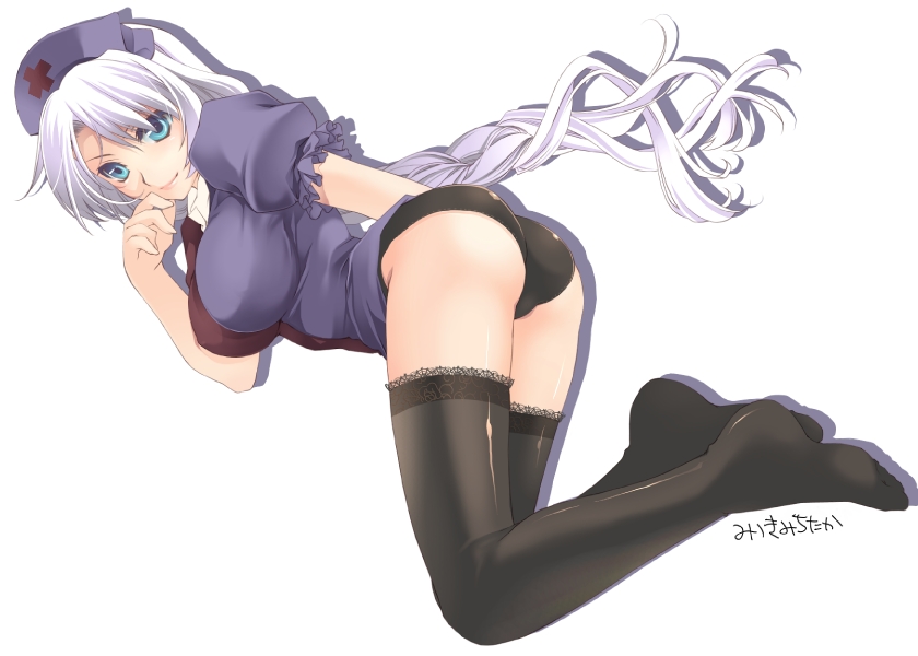 mitsuki michitaka, yagokoro eirin, touhou, silver hair, 1girl, ass, black panties, blue eyes, braid, breasts, female focus, large breasts, long hair, panties, single braid, solo, thighhighs, underwear, very long hair