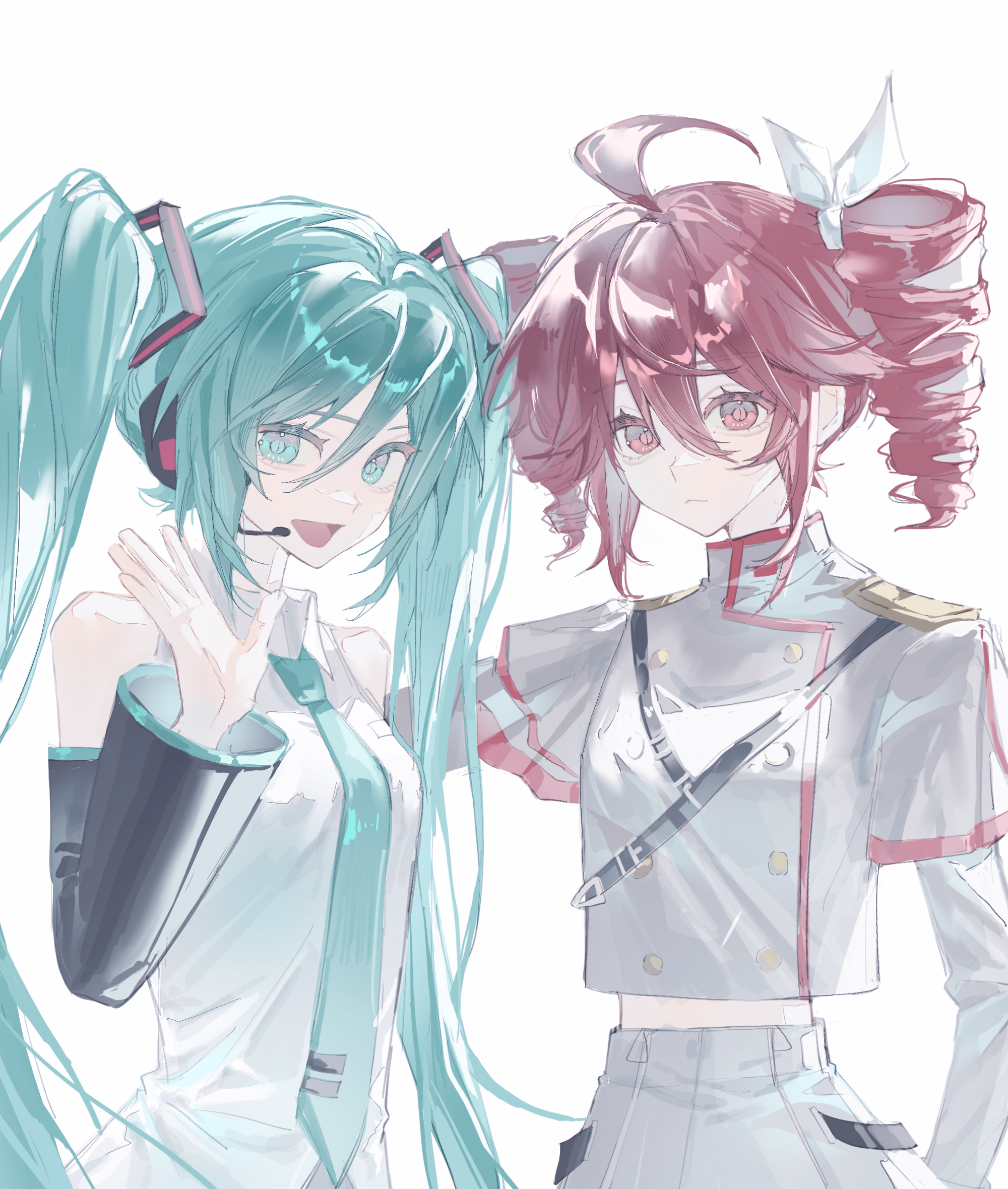 hatsune miku, kasane teto, kasane teto (sv), synthesizer v, utau, vocaloid, chinese commentary, commentary request, highres, 2girls, :<, :d, ahoge, aqua eyes, aqua hair, aqua necktie, bare shoulders, black sleeves, closed mouth, collared shirt, detached sleeves, drill hair, grey jacket, hair between eyes, hair ribbon, hand on another's back, headset, jacket, layered sleeves, long sleeves, looking at viewer, midriff peek, multiple girls, necktie, open mouth, pink eyes, pink hair, ribbon, rong binggan, shirt, short hair, short over long sleeves, short sleeves, simple background, sleeveless, sleeveless shirt, smile, strap, tie clip, twin drills, twintails, unamused, waving, white background, white ribbon, white shirt