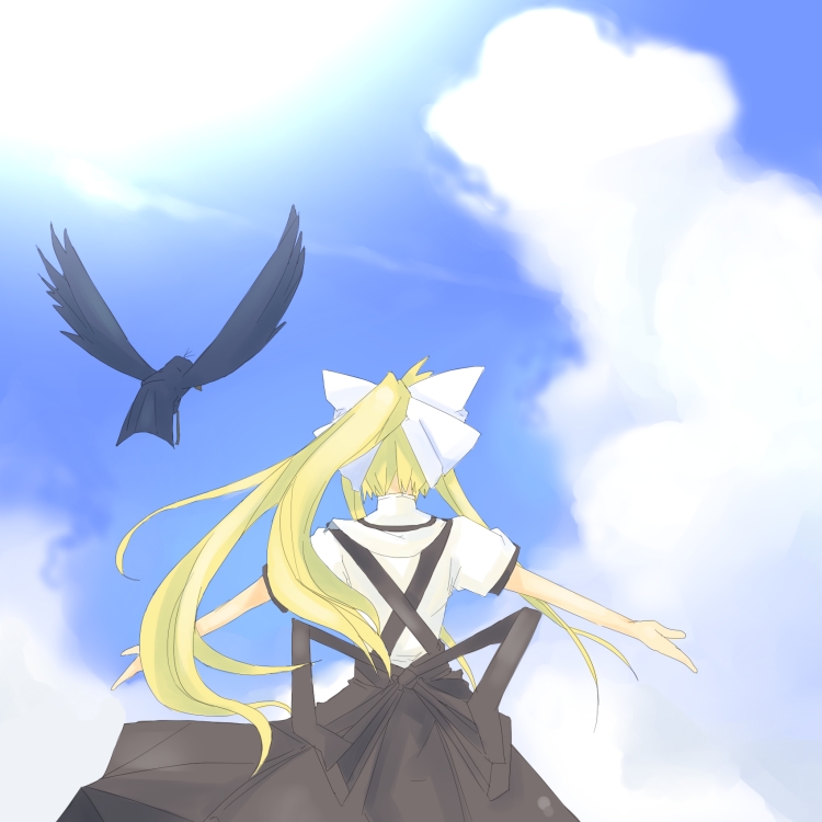 kanikama, kamio misuzu, sora (air), air (visual novel), 00s, 1girl, bird, blonde hair, cloud, crow, day, female focus, hair ribbon, long hair, ponytail, ribbon, school uniform, sky, solo, very long hair
