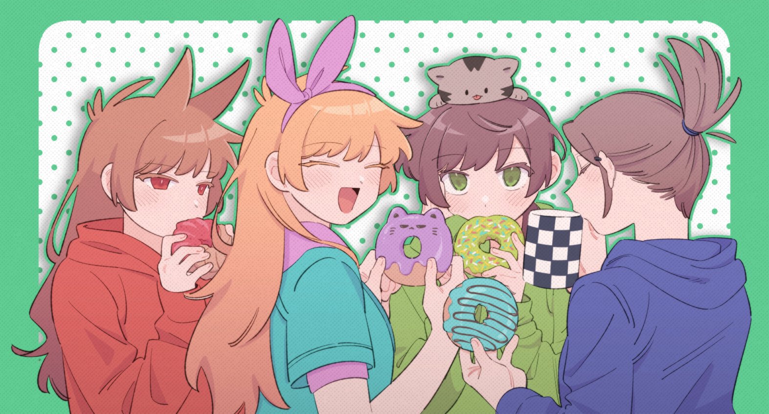 mjsc 10, edd (eddsworld), matt (eddsworld), tom (eddsworld), eddsworld, commentary, symbol-only commentary, 4girls, :d, ^ ^, alternate eye color, animal, animal on head, animification, antenna hair, blue hoodie, border, bow hairband, breasts, brown hair, cat, closed eyes, covered mouth, cup, donut, drinking, drop shadow, ear piercing, eating, ell (eddsworld), film grain, fingernails, food, green background, green border, green eyes, green hoodie, green outline, grey cat, hair horns, hair tie, hairband, hand on own cheek, hand on own face, hands up, holding, holding cup, holding donut, holding food, hood, hood down, hoodie, jacket, layered sleeves, long hair, long sleeves, looking at viewer, low ponytail, matilda (eddsworld), multiple girls, on head, open mouth, orange hair, outline, outside border, piercing, pink hairband, polka dot, polka dot background, ponytail, puffy long sleeves, puffy sleeves, red eyes, red hoodie, ringo (eddsworld), short-sleeved jacket, short hair, short sleeves, simple background, sleeves past wrists, small breasts, smile, sprinkles, swept bangs, tamara (eddsworld), tongue, tord (eddsworld), tori (eddsworld), two-tone background, u u, upper body, very long hair, white background