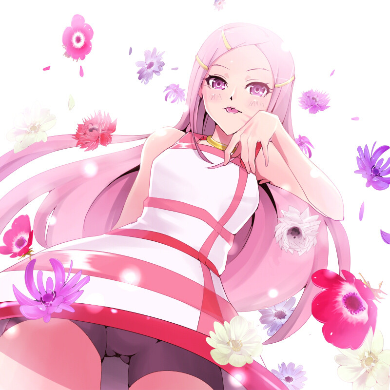 kasai shin, anemone (eureka seven), eureka seven, eureka seven (series), 00s, 1girl, :p, anemone (flower), bike shorts, blush, choker, dress, female focus, flower, from below, hair ornament, hairclip, long hair, looking down, name connection, object namesake, pink eyes, pink hair, short shorts, shorts, solo, tongue, tongue out, upskirt