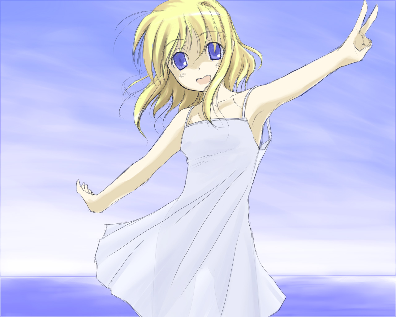 kamio misuzu, air (visual novel), 00s, blonde hair, blue eyes, day, dress, see-through clothes, see-through dress, sky, solo, v