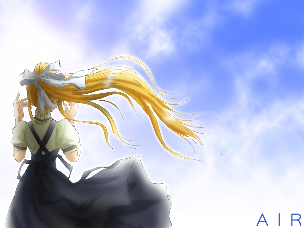 kamio misuzu, air (visual novel), 00s, 1girl, blonde hair, cloud, day, female focus, hair ribbon, long hair, ponytail, ribbon, school uniform, sky, solo, very long hair