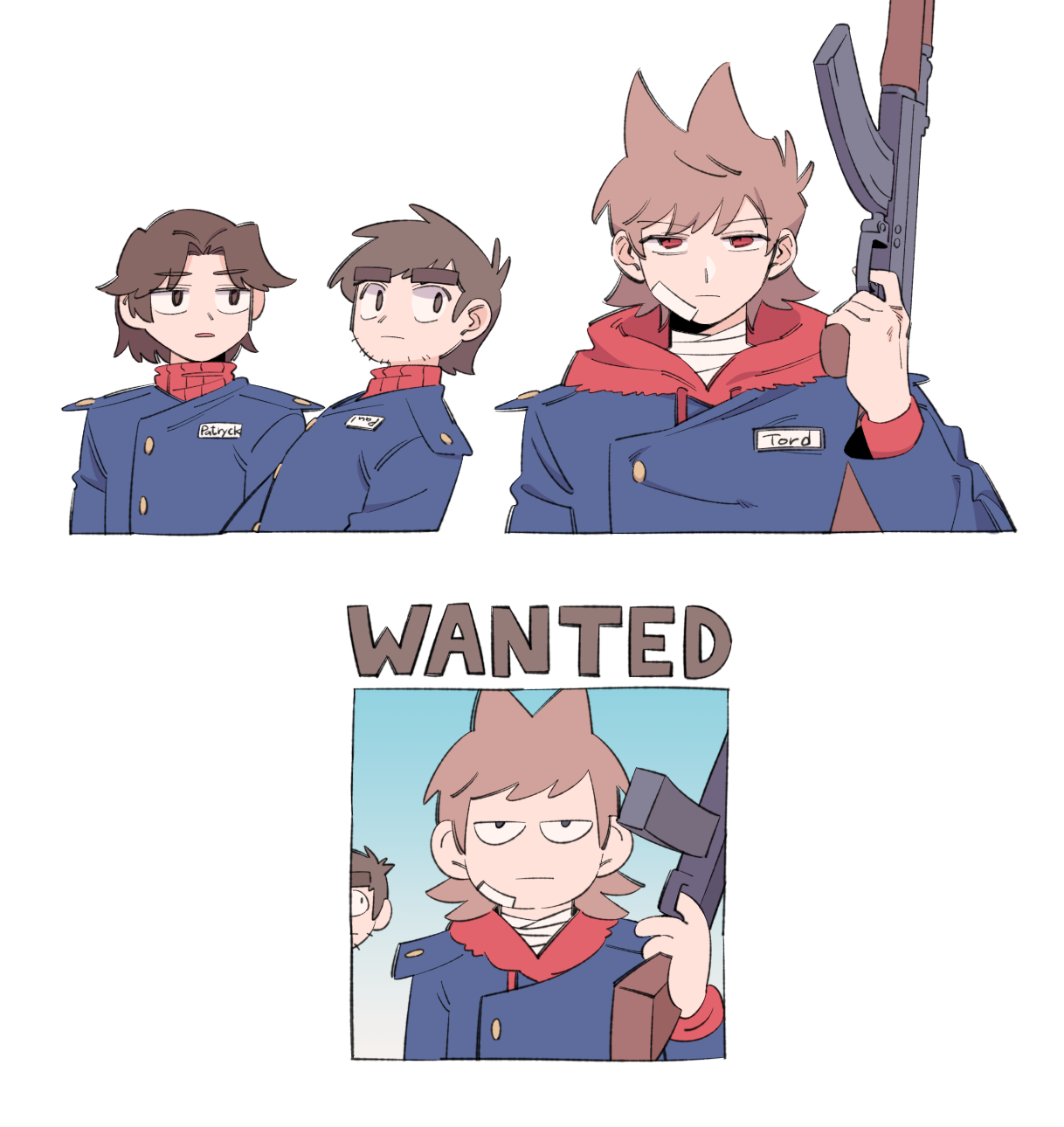 mjsc 10, eddsworld, commentary request, highres, 3boys, akm, animification, antenna hair, assault rifle, bandaged neck, bandages, blue jacket, brown eyes, brown hair, buttons, character name, cropped torso, drawstring, finger on trigger, future tord (eddsworld), gold buttons, gun, hair behind ear, hair horns, hand up, holding, holding gun, holding weapon, hood, hood down, hoodie, jacket, kalashnikov rifle, layered sleeves, long sleeves, looking at another, looking at viewer, looking back, male focus, multiple boys, name tag, parted lips, patryck (eddsworld), paul (eddsworld), poster (object), red eyes, red hoodie, red sweater, ribbed sweater, rifle, serious, shirt, short hair, simple background, sweater, thick eyebrows, tord (eddsworld), turtleneck, turtleneck sweater, upturned eyes, weapon, white background