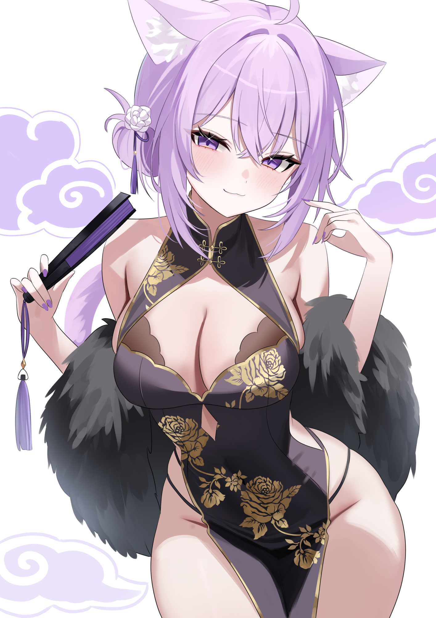 nannung, nekomata okayu, hololive, bad source, commentary request, highres, korean commentary, 1girl, :3, ahoge, alternate costume, alternate hairstyle, animal ear fluff, animal ears, black dress, breasts, cat ears, china dress, chinese clothes, cleavage, cleavage cutout, closed mouth, clothing cutout, covered navel, crossed bangs, double-parted bangs, dress, floral print, folded fan, folding fan, fur shawl, gold trim, hair between eyes, hair bun, hand fan, hands up, large breasts, looking at viewer, nail polish, panty straps, pelvic curtain, purple eyes, purple hair, purple nails, shawl, short hair, single hair bun, sleeveless, sleeveless dress, smile, solo, virtual youtuber