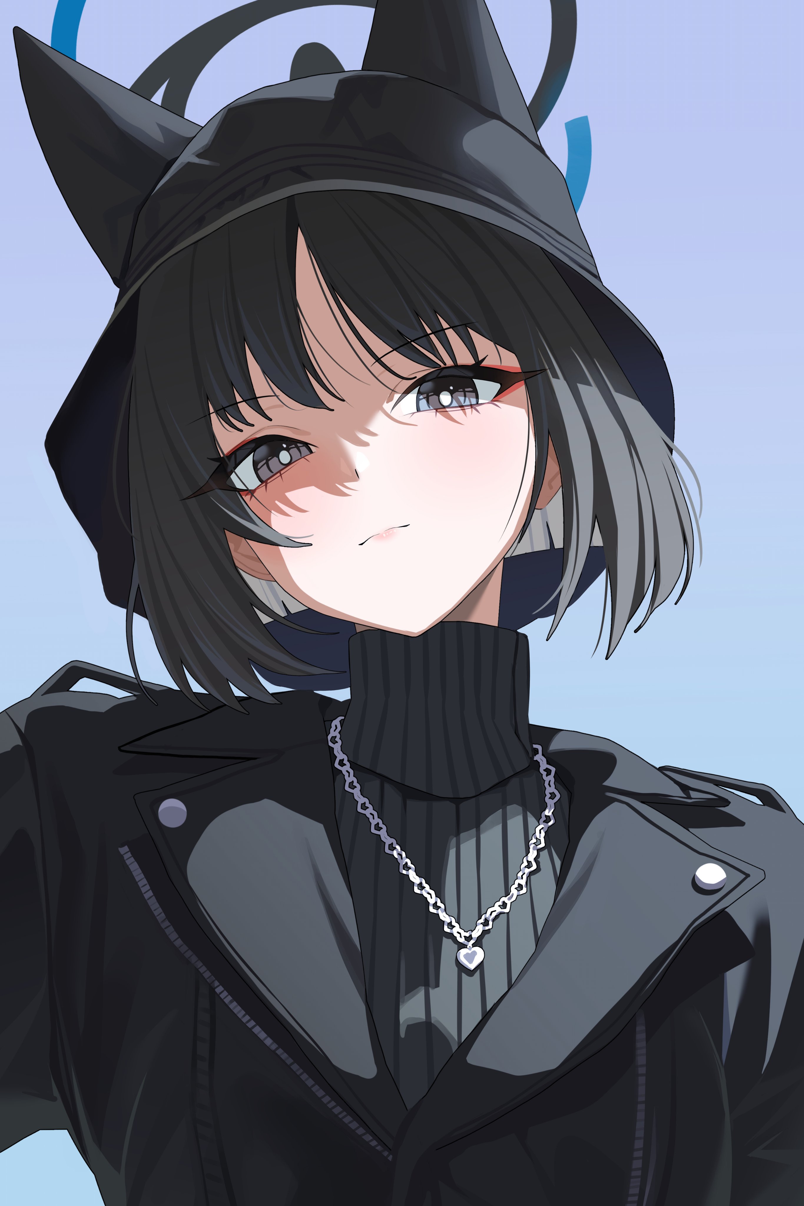 winterflower, kikyou (blue archive), blue archive, absurdres, highres, alternate costume, animal ears, black eyes, black hair, blue background, blue halo, cat ears, cat girl, extra ears, halo, heart, heart necklace, jewelry, necklace, simple background, turtleneck, upper body