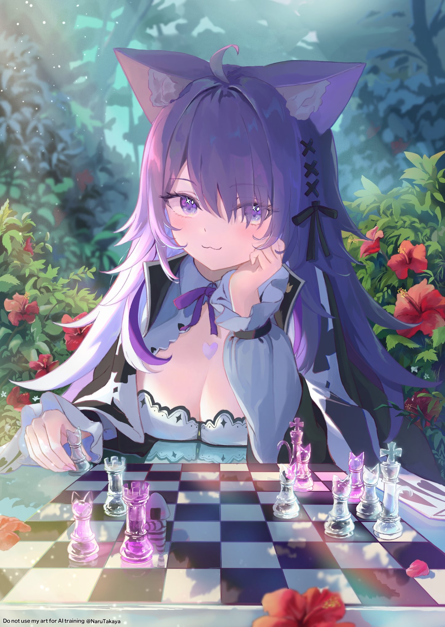 takaya naru, nekomata okayu, nekomata okayu (wonderland), onigirya (nekomata okayu), hololive, commentary, highres, symbol-only commentary, 1girl, :3, ahoge, animal ear fluff, animal ears, breasts, cat ears, cat girl, chess piece, cleavage, flower, hair ribbon, head rest, heart on chest, holding, holding chess piece, large breasts, long hair, long sleeves, looking at viewer, plant, playing chess, purple eyes, purple hair, ribbon, solo, twitter username, virtual youtuber