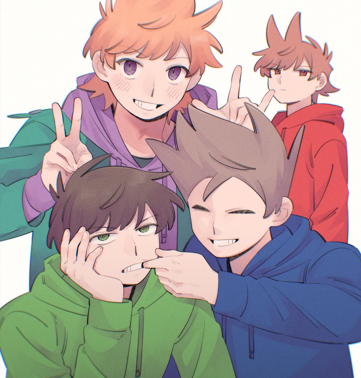mjsc 10, edd (eddsworld), matt (eddsworld), tom (eddsworld), eddsworld, derivative work, highres, 4boys, :d, ||/, ^ ^, alternate eye color, animification, antenna hair, arms at sides, brown hair, chromatic aberration, clenched teeth, closed eyes, closed mouth, drawstring, film grain, finger to another's mouth, fingernails, green eyes, green hoodie, green jacket, grin, hair behind ear, hair horns, hand up, hands up, hood, hood down, hoodie, jacket, jacket over hoodie, layered sleeves, long sleeves, looking at viewer, male focus, multiple boys, open clothes, open jacket, open mouth, orange hair, puffy long sleeves, puffy sleeves, purple eyes, purple hoodie, red eyes, red hoodie, short hair, simple background, smile, teeth, tord (eddsworld), upper body, v, v-shaped eyebrows, very short hair, white background