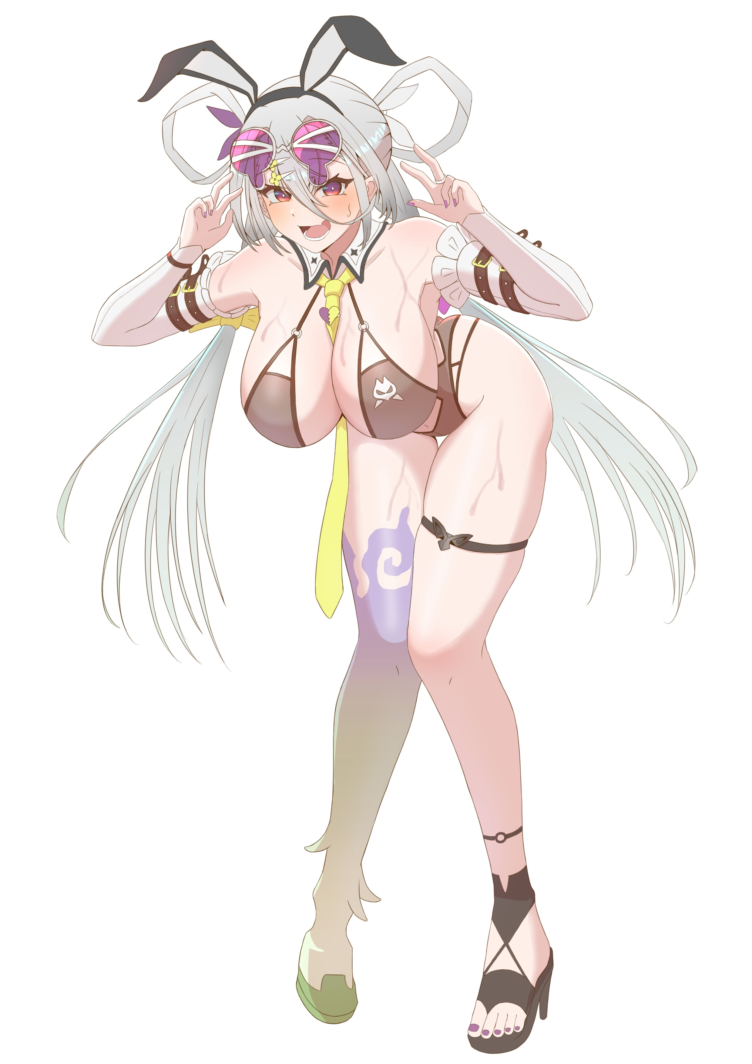 huyan zhuo (fate), huyan zhuo (swimsuit berserker) (fate), fate/grand order, fate (series), absurdres, highres, 1girl, animal ears, asymmetrical legwear, bent over, between breasts, breasts, chenhui chuang 58, eyewear on head, fake animal ears, large breasts, leaning forward, looking at viewer, necktie, necktie between breasts, simple background, skindentation, smile, solo, thigh strap, thighs, wet, white background
