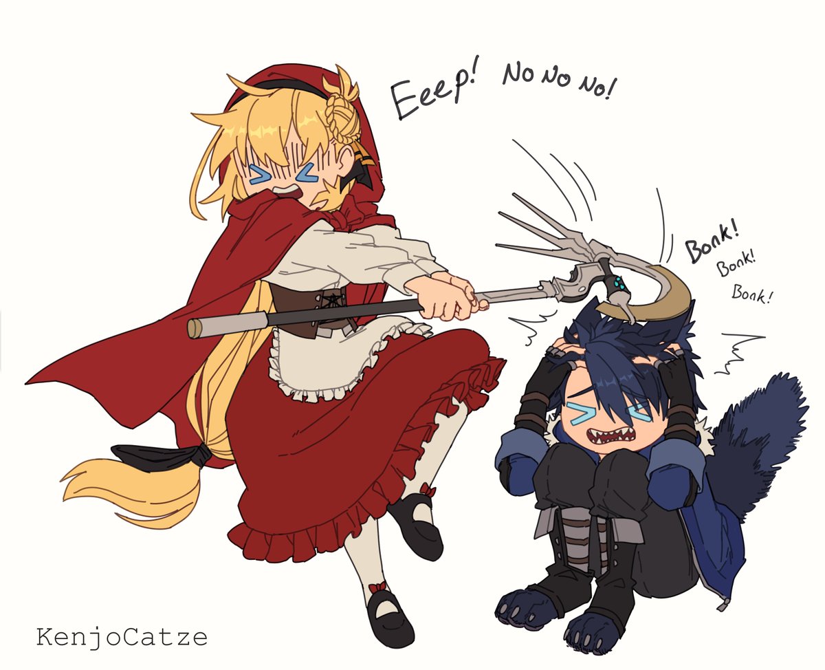agnes claudel, big bad wolf, little red riding hood (fairy tale character), van arkride, eiyuu densetsu, kuro no kiseki (series), little red riding hood (fairy tale), commentary, english commentary, > <, 1boy, 1girl, animal ears, artist name, basket, big bad wolf (cosplay), black hair, blonde hair, blue eyes, blush, braid, bun with braided base, claws, cloak, cosplay, dog tags, double-parted bangs, dress, english text, fur trim, green eyes, hair between eyes, hair bun, holding, holding another's wrist, holding staff, holding weapon, hood, hood up, hooded cloak, kenjocatze, little red riding hood (fairy tale character) (cosplay), long hair, low-tied long hair, mage staff, mary janes, open mouth, parted bangs, red hood, shoes, short hair, simple background, single side bun, staff, tail, weapon, white background, wolf boy, wolf ears