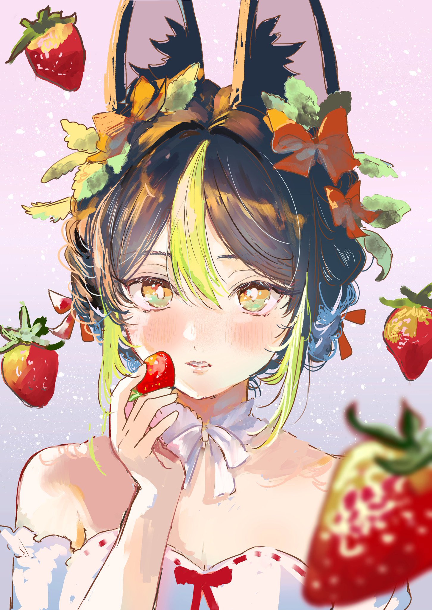 tighnari (genshin impact), genshin impact, commentary request, highres, 1boy, alternate costume, alternate hairstyle, animal ear fluff, animal ears, bare shoulders, black hair, blurry, blurry foreground, blush, bow, braid, bright pupils, choker, crossdressing, crossdressing (mtf), depth of field, double-parted bangs, floating, floating food, floating object, food, fox boy, fox ears, fruit, gradient background, green eyes, green streaks, hair between eyes, hair bow, hair intakes, hair up, hand up, holding, holding food, holding fruit, light particles, lone nape hair, male focus, multicolored eyes, multicolored hair, multiple hair bows, off-shoulder shirt, off shoulder, orange bow, orange eyes, parted lips, portrait, pu tan inu, purple background, ribbon, ribbon choker, shirt, simple background, solo, strawberry, streaked hair, trap, two-tone eyes, two-tone hair, updo, white choker, white pupils, white ribbon, white shirt