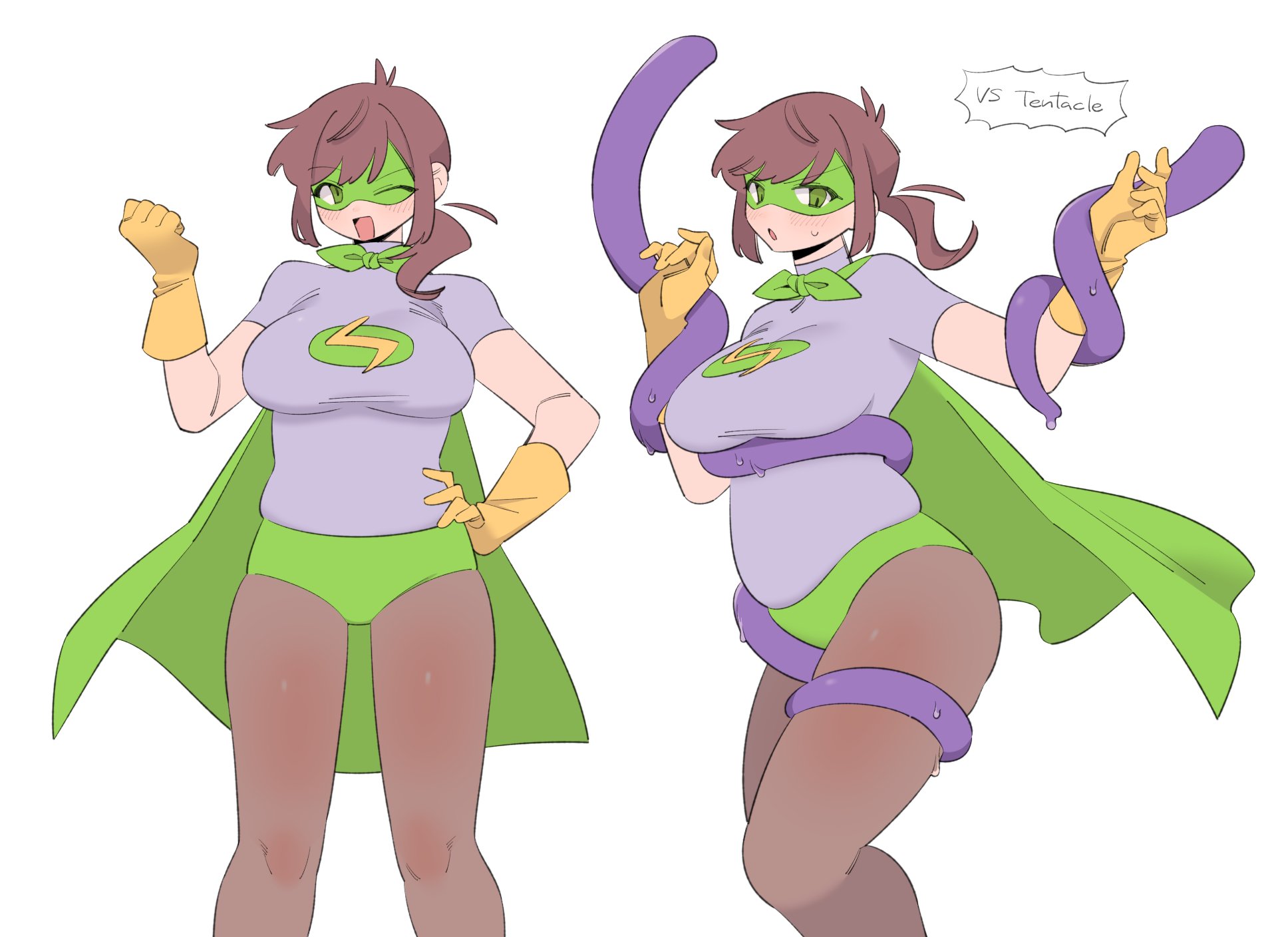 mjsc 10, edd (eddsworld), eddsworld, commentary request, highres, 1girl, :o, ;d, alternate eye color, animification, antenna hair, breasts, brown hair, brown pantyhose, cape, clenched hand, ell (eddsworld), english text, eye mask, feet out of frame, gloves, green cape, green eyes, green mask, green panties, grey shirt, hand on own hip, hands up, impossible clothes, impossible shirt, looking at viewer, low ponytail, medium breasts, multiple views, official alternate costume, one eye closed, open mouth, panties, pantyhose, ponytail, shirt, short sleeves, simple background, smile, standing, sweatdrop, swept bangs, tentacles, tongue, turtleneck, turtleneck shirt, underwear, v-shaped eyebrows, white background, yellow gloves