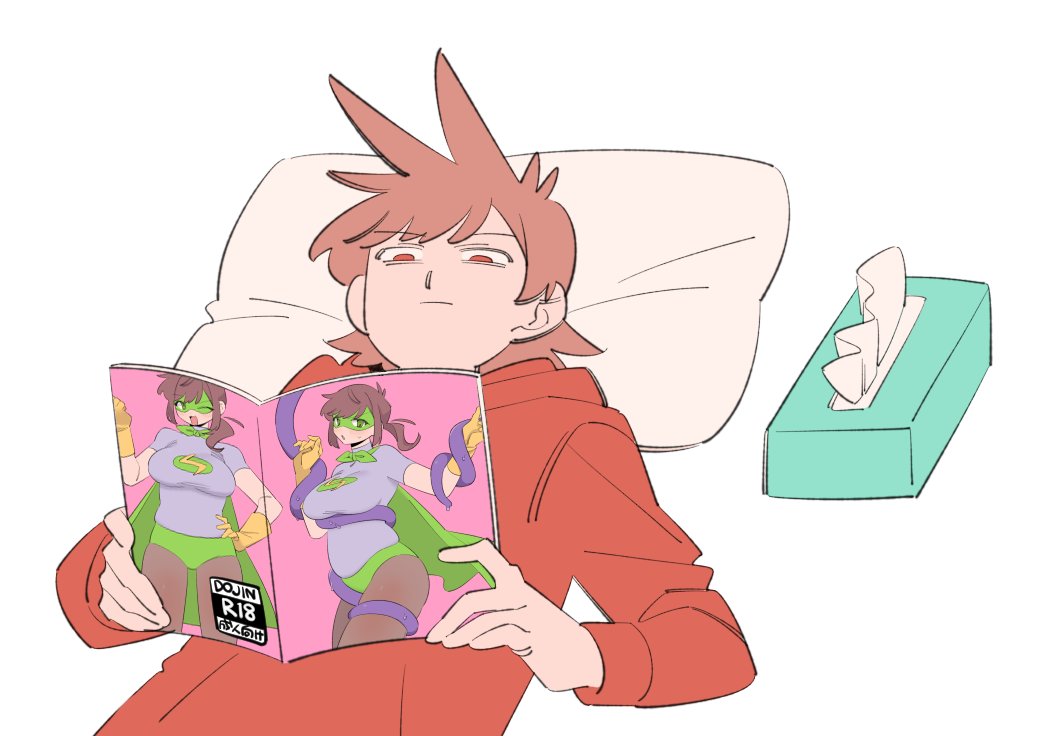 mjsc 10, edd (eddsworld), eddsworld, commentary request, 1boy, alternate eye color, animification, antenna hair, brown hair, closed mouth, ell (eddsworld), hair behind ear, head on pillow, holding, holding magazine, hood, hood down, hoodie, imminent masturbation, light frown, long sleeves, looking at object, lying, magazine (object), male focus, official alternate costume, on back, open magazine, pillow, pornography, puffy long sleeves, puffy sleeves, reading, red eyes, red hoodie, serious, short hair, simple background, solo, swept bangs, tissue box, tord (eddsworld), upper body, very short hair, white background