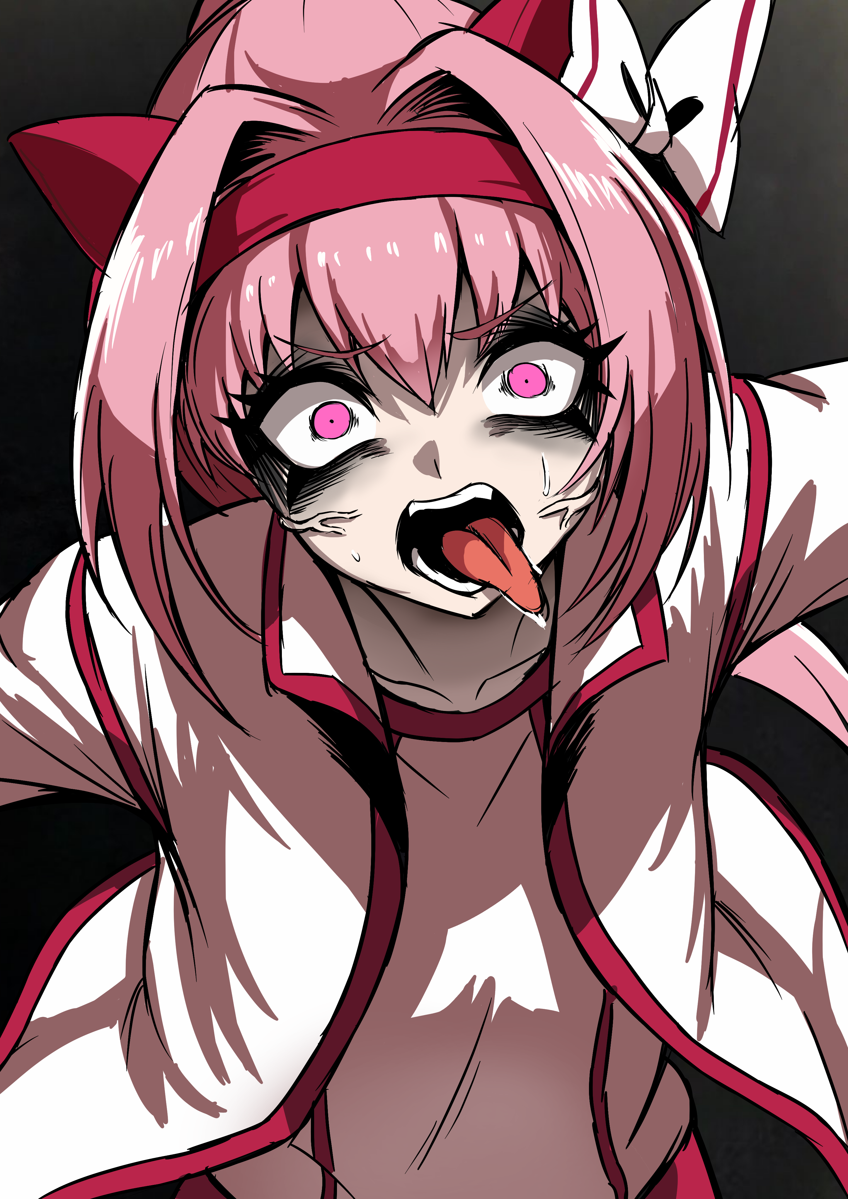 nagainegi, haru urara (bestest prize) (umamusume), haru urara (umamusume), umamusume, absurdres, commentary, highres, 1girl, animal ears, ear covers, gesugao, headband, horse ears, horse girl, j.k. (style), jacket, long hair, open mouth, pink hair, ponytail, shirt, solo, white jacket, white shirt
