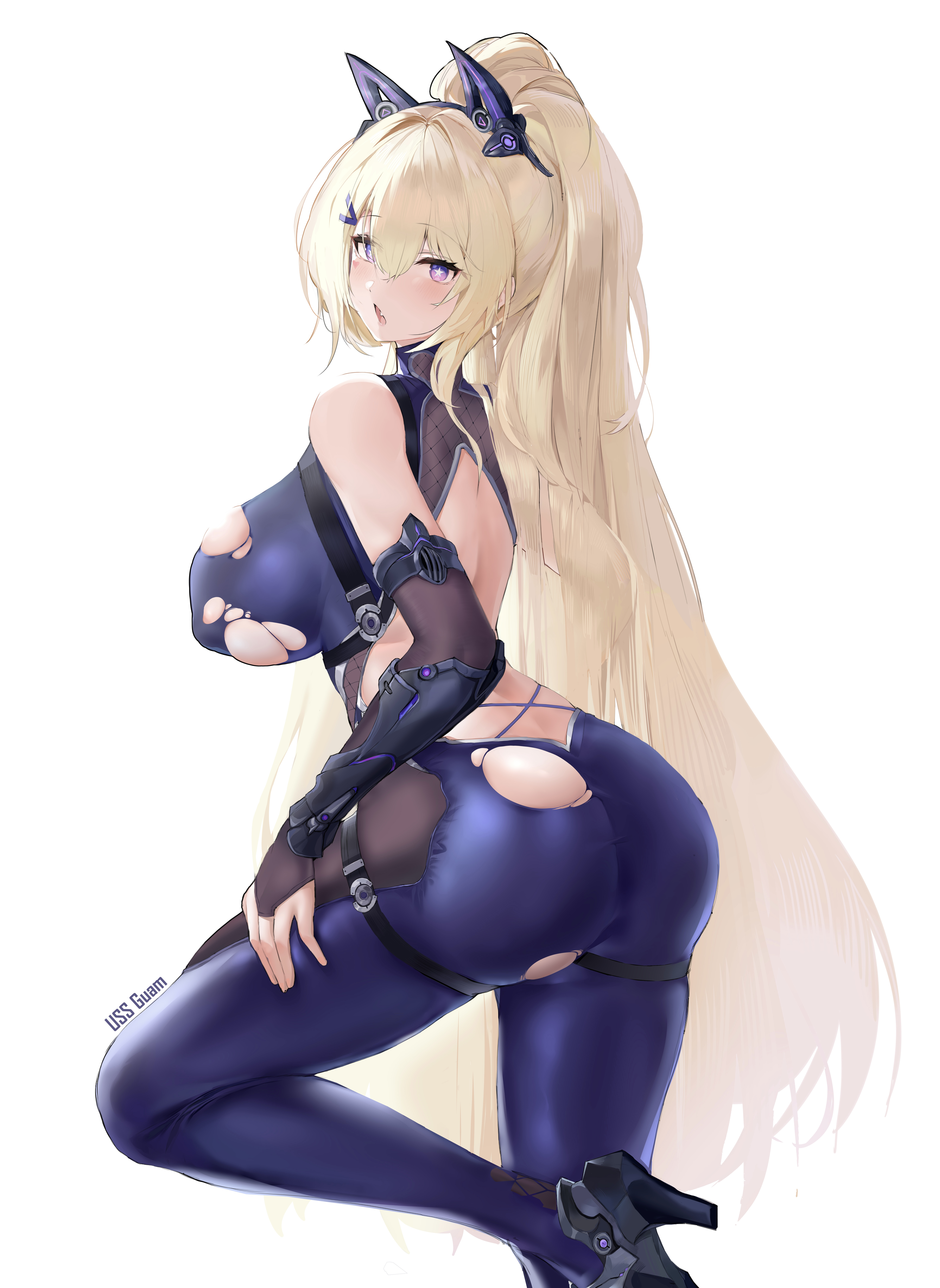 biu biu bin, guam (azur lane), guam (the kunoichi's dangerous variety show) (azur lane), azur lane, absurdres, commentary, highres, 1girl, ass, backless bodysuit, bare shoulders, black bridal gauntlets, blonde hair, blue bodysuit, blue eyes, bodystocking, bodysuit, breasts, bridal gauntlets, character name, earrings, facial mark, fang, fishnet bodystocking, fishnets, hair between eyes, hair intakes, heart, heart facial mark, high heels, high ponytail, jewelry, large breasts, light blush, long hair, looking at viewer, mechanical ears, ninja, official alternate costume, official alternate hairstyle, open mouth, ponytail, sidelocks, simple background, skindentation, sleeveless, sleeveless bodysuit, solo, standing, star-shaped pupils, star (symbol), symbol-shaped pupils, torn bodysuit, torn clothes, very long hair, white background