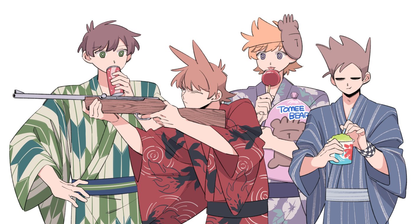 mjsc 10, edd (eddsworld), matt (eddsworld), tom (eddsworld), eddsworld, 4boys, :3, :t, ;(, aiming, alternate costume, alternate eye color, animification, antenna hair, argyle clothes, bag, blue kimono, bright pupils, brown hair, can, candy, closed mouth, cola, covered mouth, cup, drink can, drinking, drinking straw, eating, food, green eyes, green kimono, gun, hair horns, holding, holding bag, holding can, holding candy, holding cup, holding food, holding gun, holding lollipop, holding weapon, hollow eyes, japanese clothes, kimono, lollipop, long sleeves, looking at another, male focus, multiple boys, orange hair, pink bag, purple eyes, purple kimono, red eyes, red kimono, short hair, simple background, soda can, swept bangs, tomee bear (eddsworld), tongue, tongue out, tord (eddsworld), upper body, v-shaped eyebrows, very short hair, weapon, white background, white pupils, wide sleeves, wristband