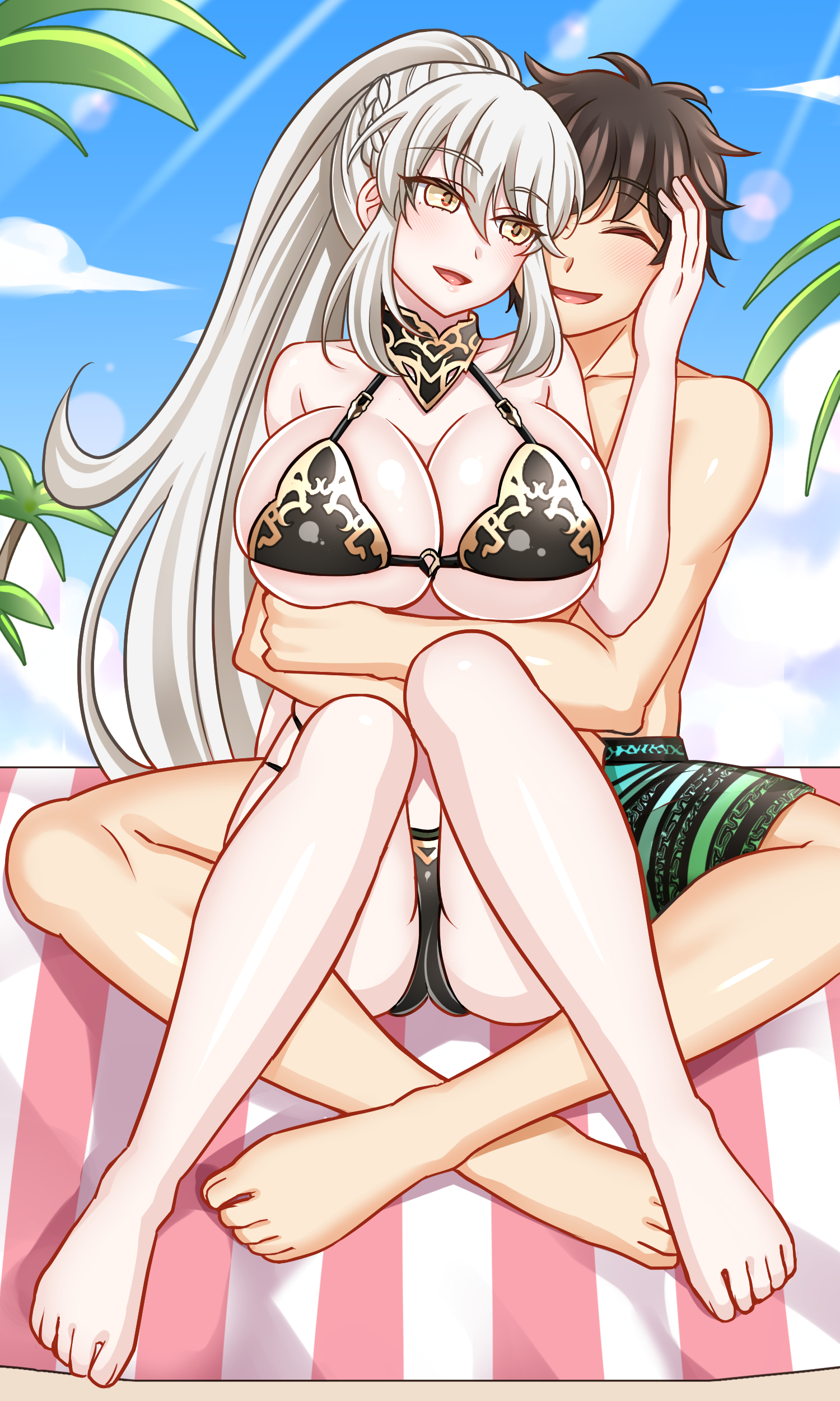 yakisobapan tarou & negitoro-ko, artoria pendragon (fate), artoria pendragon (lancer alter) (fate), fujimaru ritsuka (male), fujimaru ritsuka (male) (brilliant summer), fate/grand order, fate (series), absurdres, highres, 1boy, 1girl, bare shoulders, bikini, black bikini, blonde hair, blush, braid, braided bun, breasts, brown hair, cleavage, closed eyes, green male swimwear, green swim trunks, hair bun, hetero, high ponytail, hug, hug from behind, large breasts, long hair, looking at viewer, male swimwear, official alternate costume, open mouth, outdoors, ponytail, short hair, shorts, smile, swim trunks, swimsuit, topless male, yellow eyes