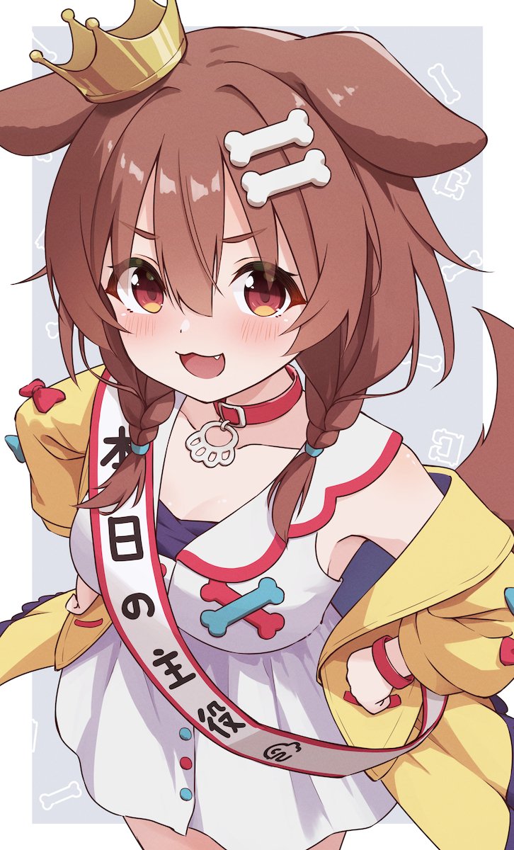 minazuki mizu, inugami korone, inugami korone (1st costume), hololive, commentary request, highres, 1girl, :3, :d, animal ears, birthday sash, blush, bone hair ornament, braid, brown eyes, brown hair, cartoon bone, collar, crown, dog ears, dog girl, dog tail, dress, fang, grey background, hair ornament, hands on own hips, happy birthday, jacket, long hair, long sleeves, looking at viewer, open clothes, open jacket, open mouth, red collar, sash, shoulder sash, sleeveless, sleeveless dress, smile, solo, tail, twin braids, virtual youtuber, white dress, wristband, yellow jacket