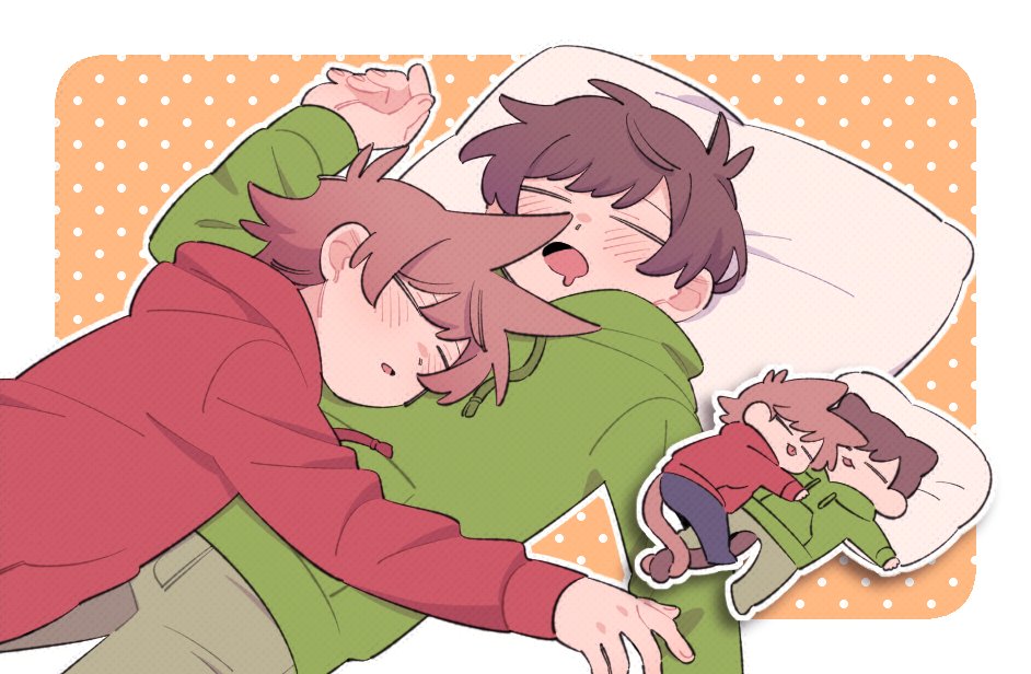 mjsc 10, edd (eddsworld), eddsworld, commentary, symbol-only commentary, 2boys, :3, :o, ^ ^, animal ears, animification, antenna hair, black pants, blush, border, boy on top, brown hair, brown tail, cat boy, cat ears, cat tail, chibi, chibi inset, closed eyes, cowboy shot, drawstring, drooling, film grain, fingernails, green hoodie, grey pants, hair behind ear, hair horns, hand up, hood, hood down, hoodie, kemonomimi mode, long sleeves, lying, male focus, mouth drool, multiple boys, on back, open mouth, orange background, outside border, pants, polka dot, polka dot background, puffy long sleeves, puffy sleeves, red hoodie, short hair, simple background, sleeping, swept bangs, tail, tongue, tongue out, tord (eddsworld), two-tone background, upper body, very short hair, white background, white border, yaoi