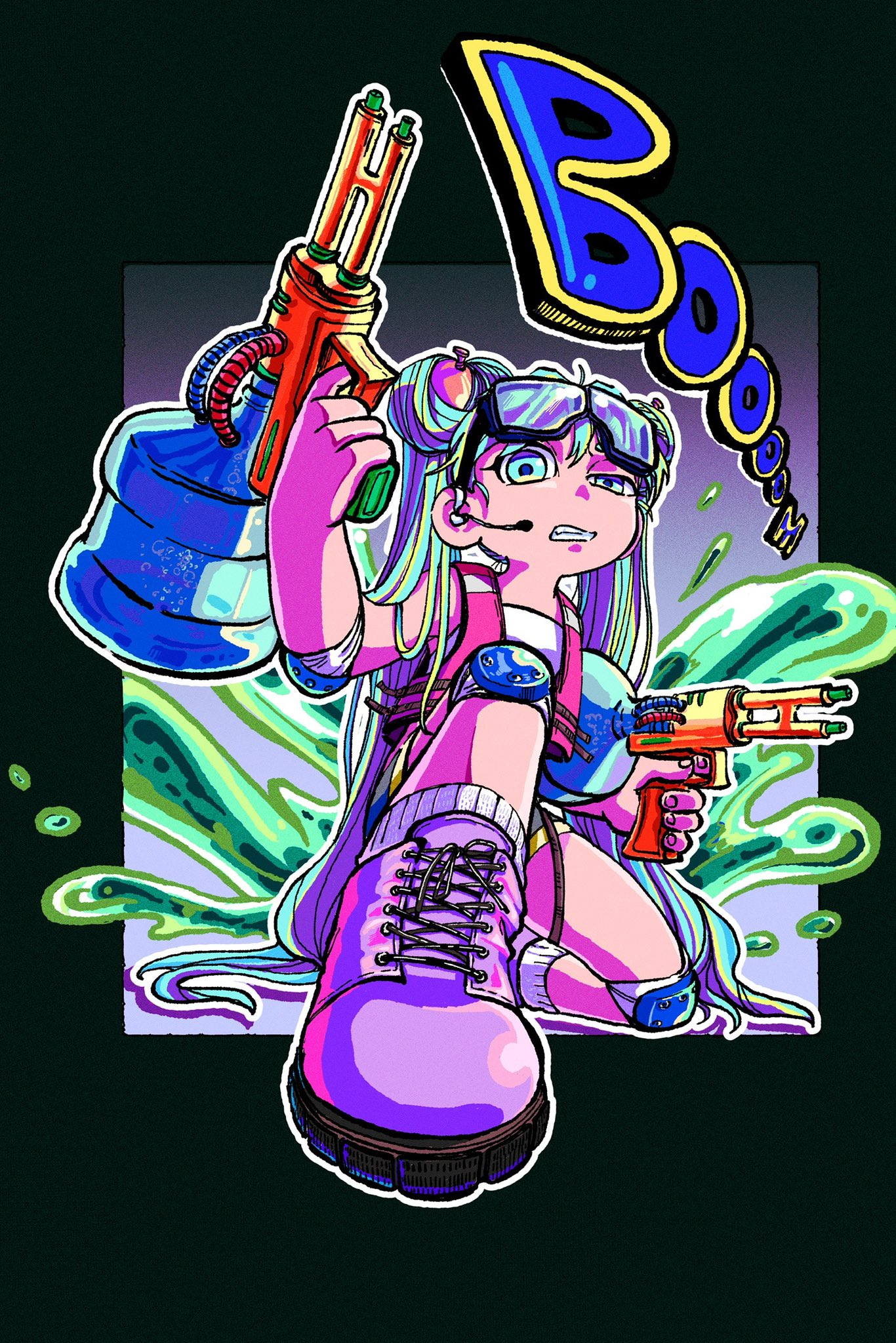 hatsune miku, vocaloid, commentary request, highres, korean commentary, 1girl, bonbon ovo, border, dual wielding, foreshortening, full body, goggles, goggles on head, grimace, gun, headset, holding, holding gun, holding water gun, holding weapon, knee pads, looking at viewer, pink vest, shoes, sneakers, socks, solo, sound effects, twintails, vest, water balloon, water gun, weapon, white socks