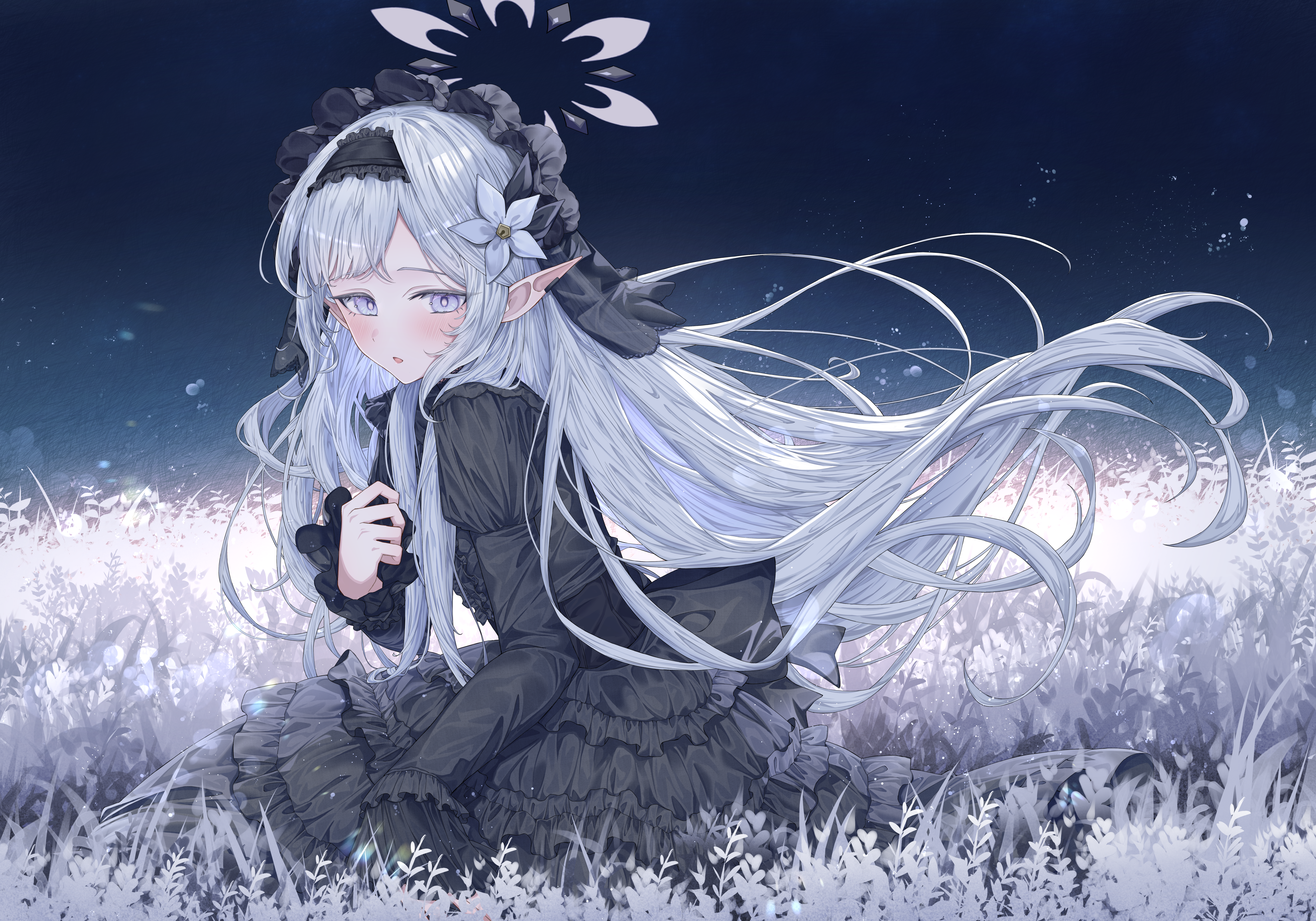 heimu (heim kstr), himari (blue archive), blue archive, absurdres, highres, 1girl, alternate costume, black dress, black hairband, black headdress, blush, dress, earclip, field, floating hair, flower, flower field, frilled dress, frilled hairband, frills, from side, gothic lolita, hair flower, hair ornament, hairband, halo, lolita fashion, lolita hairband, long hair, long sleeves, looking at viewer, multicolored halo, night, outdoors, parted lips, petals, pointy ears, purple eyes, sitting, solo, swept bangs, two-tone halo, very long hair, white flower, white hair