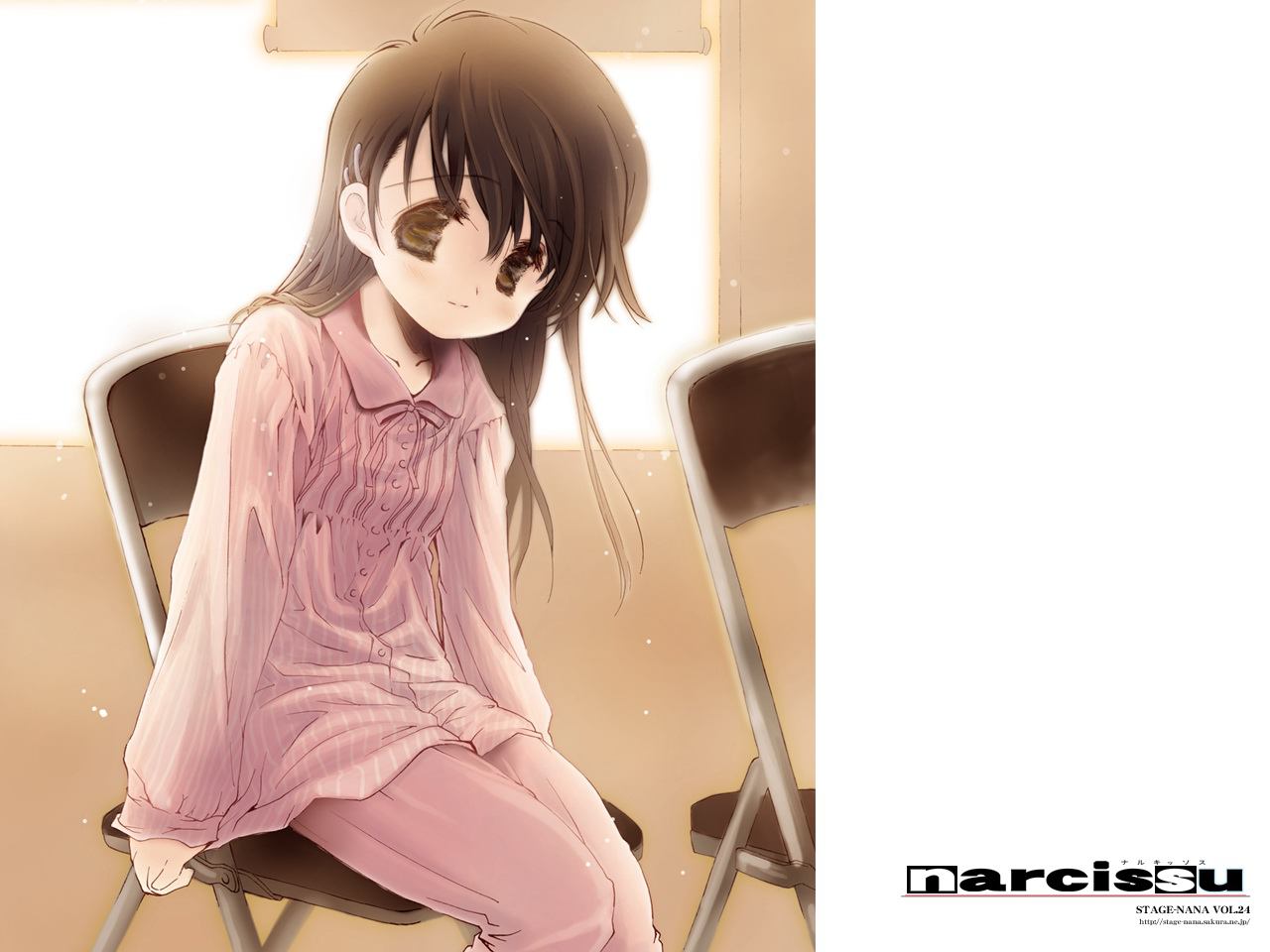 mitaonsha, sakura setsumi, setsumi sakura, narcissu, game cg, 1girl, blush, brown eyes, brown hair, chair, collarbone, company name, copyright name, female focus, folding chair, hair ornament, hairclip, long hair, long sleeves, pajamas, shirt, sitting, sleeves past wrists, solo, watermark, web address