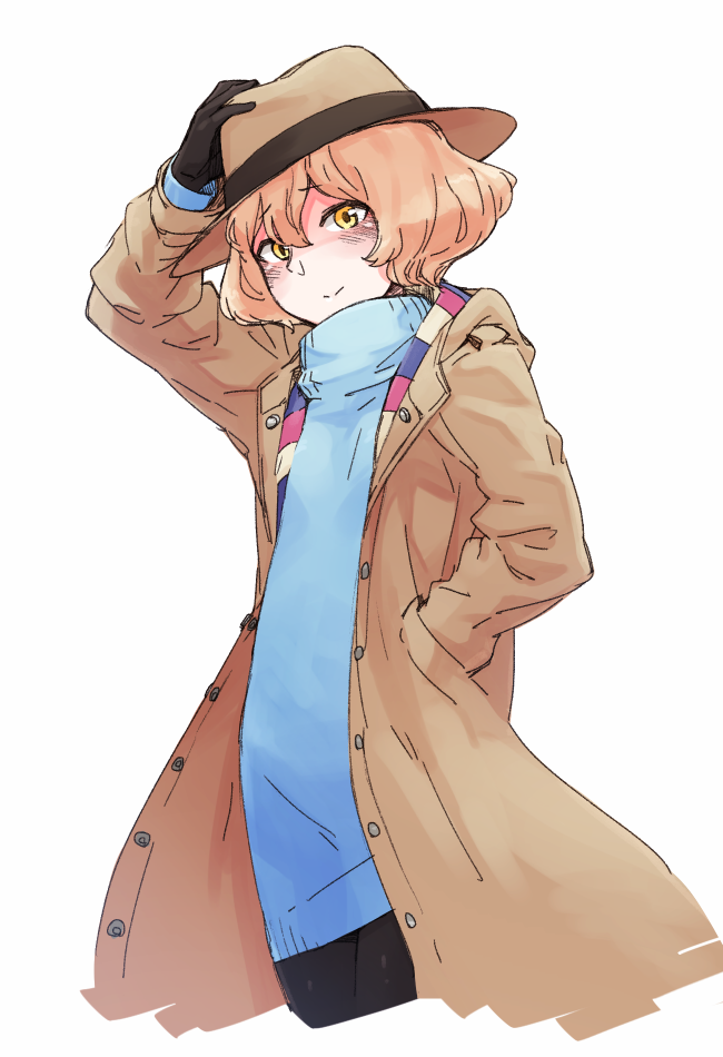mochi (mochi444420), moritsuka shun, occultic;nine, science adventure, 1girl, black gloves, blonde hair, blush, brown coat, closed mouth, coat, cosplay, cowboy shot, gloves, hair between eyes, hat, kisaki asuna, long sleeves, looking at viewer, moritsuka shun (cosplay), open clothes, short hair, simple background, smile, solo, standing, sweater, white background, winter clothes, yellow eyes