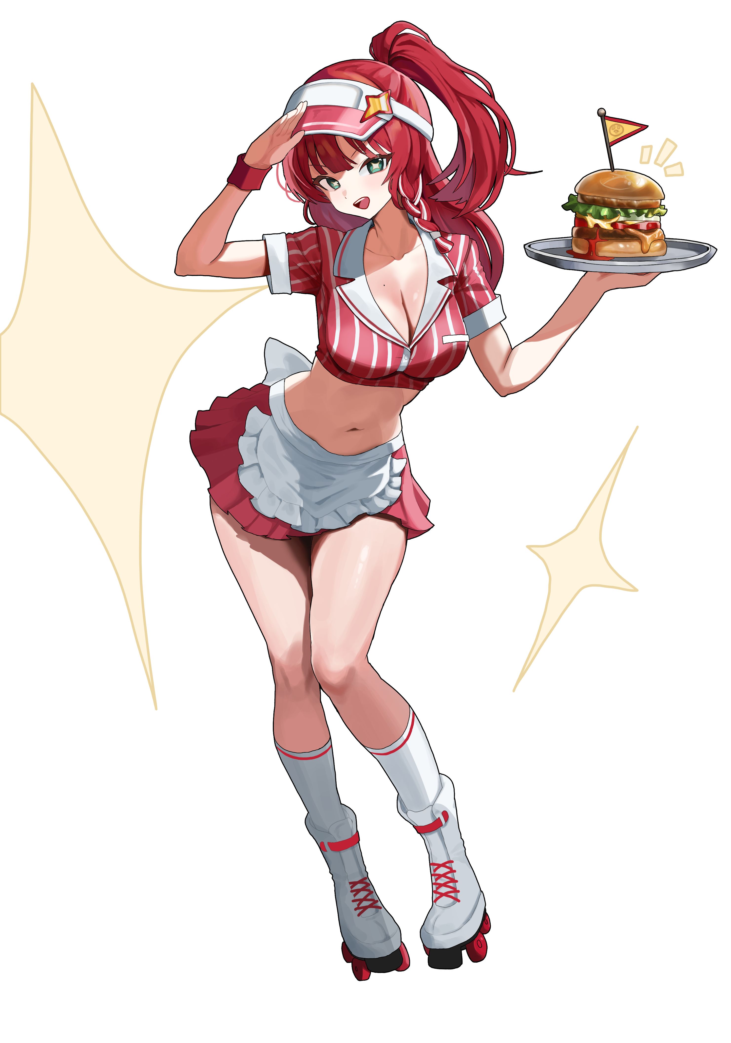 pyogo, black survival, eternal return: black survival, absurdres, character request, highres, 1girl, breasts, burger, cleavage, food, full body, green eyes, holding, holding burger, holding food, navel, open mouth, red hair, roller skates, skates, solo, waitress