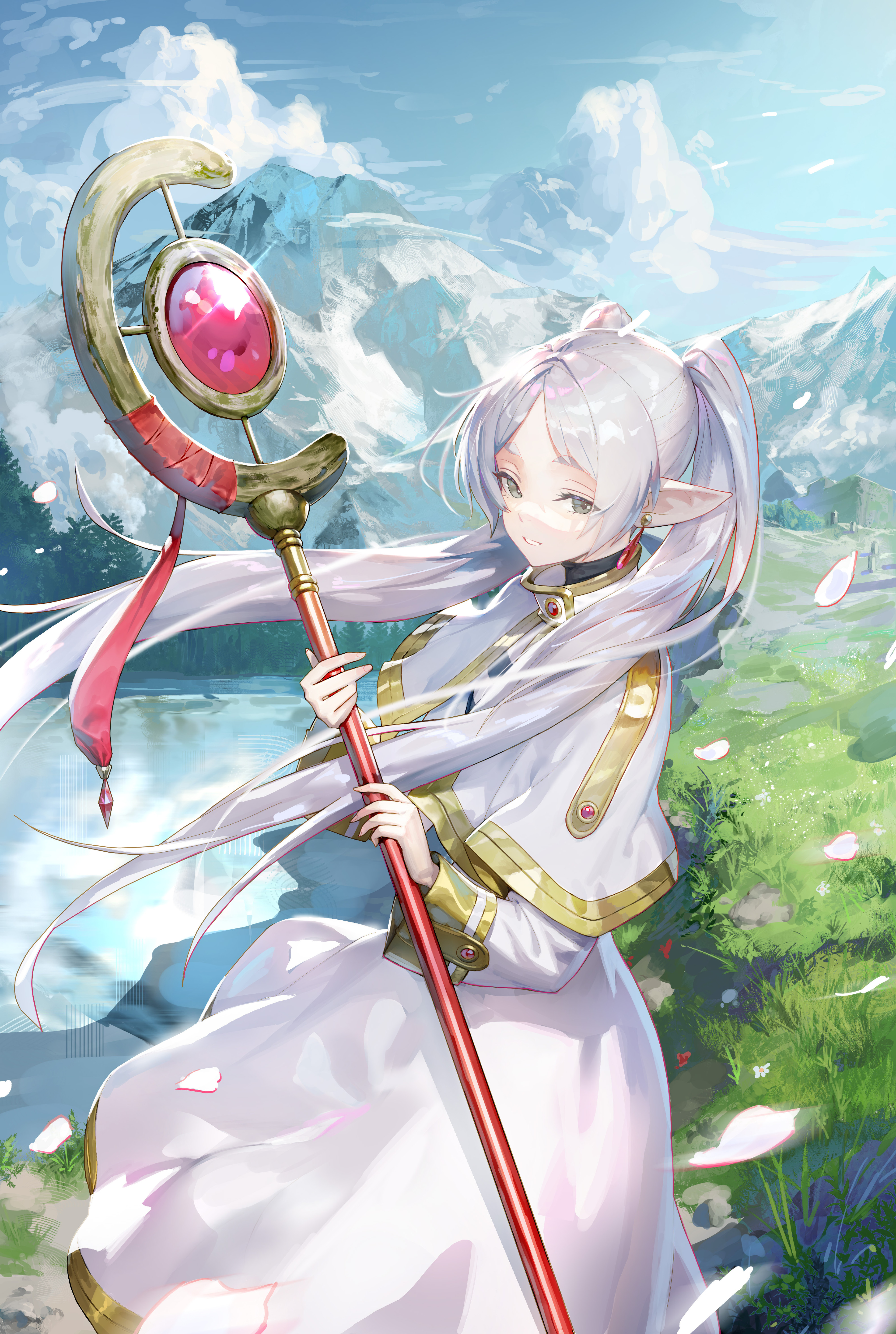 jung wonjo, frieren, sousou no frieren, absurdres, commentary, highres, 1girl, capelet, cloud, earrings, elf, falling petals, floating earrings, grass, green eyes, holding, holding staff, jewelry, lake, looking at viewer, mage staff, mountain, mountainous horizon, outdoors, parted bangs, petals, pointy ears, shirt, sky, staff, striped clothes, striped shirt, twintails, water, white capelet, white hair