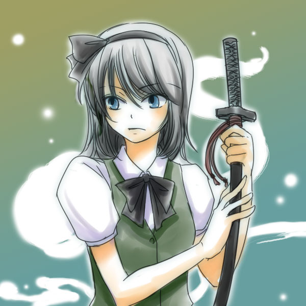 kasuga (kasuga1203), konpaku youmu, konpaku youmu (ghost), touhou, bad id, bad pixiv id, 1girl, female focus, hitodama, katana, solo, sword, weapon