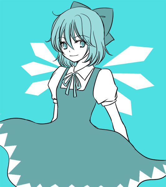 kasuga (kasuga1203), cirno, touhou, bad id, bad pixiv id, 1girl, aqua background, aqua theme, blue theme, bow, dress, female focus, hair bow, monochrome, pinafore dress, simple background, sleeveless, sleeveless dress, smile, solo, wings