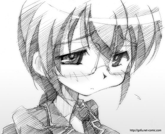 gofu, hasegawa suzuho, magician's academy, traditional media, 00s, glasses, greyscale, monochrome, necktie, ponytail, sad, sketch, solo