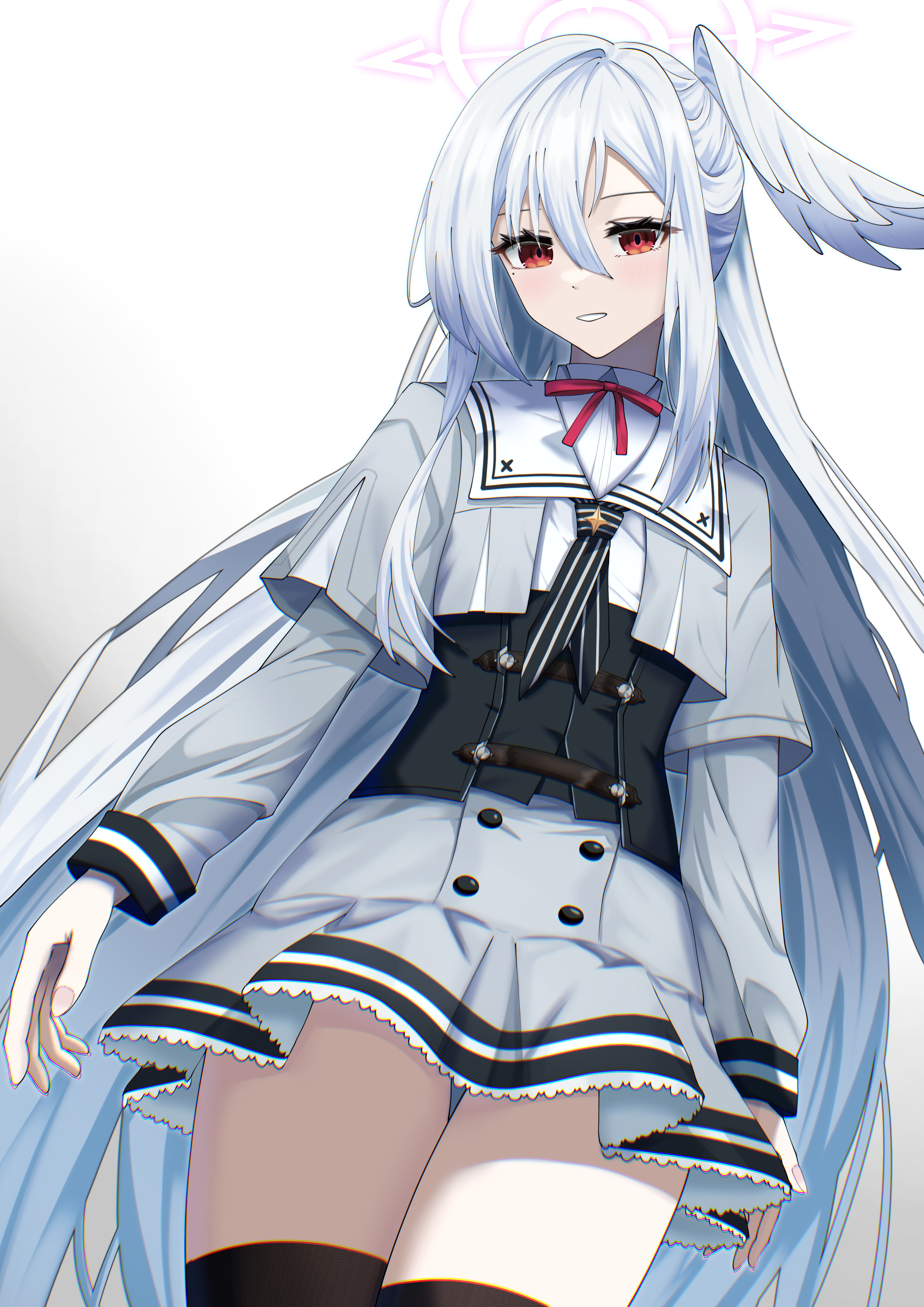 suzumi (blue archive), blue archive, absurdres, highres, 1girl, black thighhighs, frilled skirt, frills, grey hair, grey serafuku, grey skirt, hair between eyes, halo, head wings, long hair, long sleeves, m1i i109, miniskirt, purple halo, red eyes, school uniform, serafuku, single head wing, skirt, solo, standing, thighhighs, very long hair, wings