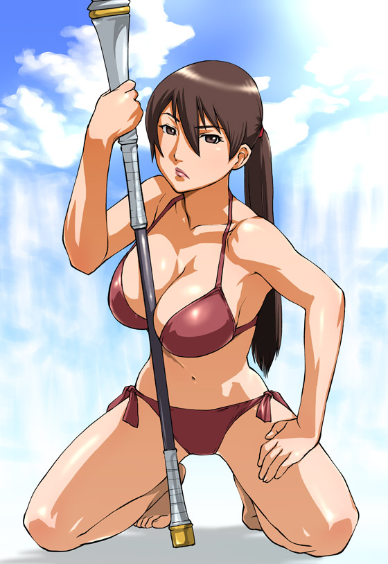 ueyama michirou, balsa, seirei no moribito, 1girl, barefoot, bikini, breasts, brown eyes, brown hair, cleavage, day, feet, female focus, kneeling, large breasts, lips, polearm, ponytail, side-tie bikini bottom, solo, spear, swimsuit, weapon