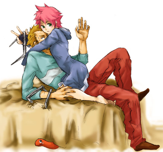 duster (mother), kumatora, rope snake, mother (series), mother 3, nintendo, 1boy, 1girl, barefoot, brown eyes, brown hair, feet, gloves, green eyes, hetero, hood, hooded jacket, hug, jacket, pink hair, short hair
