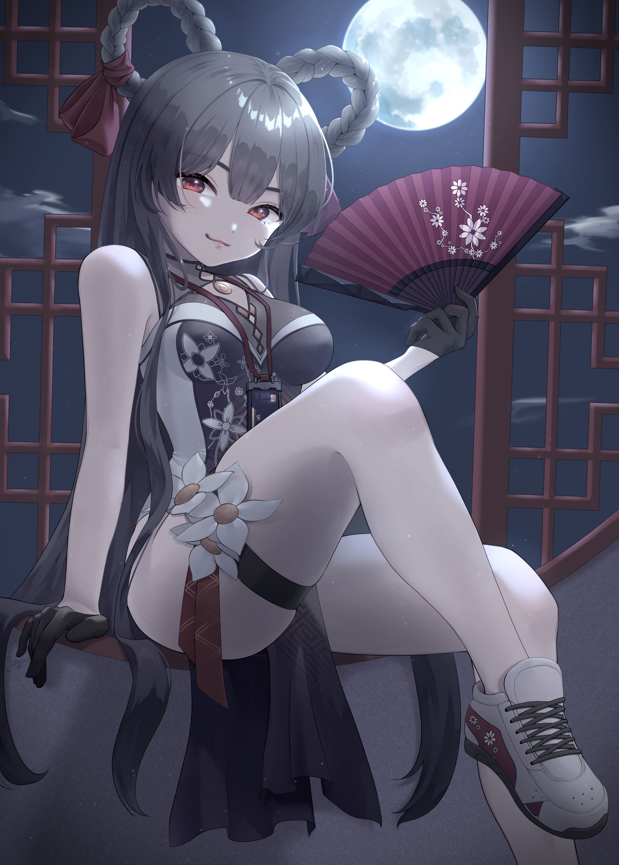 shi4 cos, yashima xx, yan (nikke), goddess of victory: nikke, absurdres, highres, 1girl, blush, bow, bowtie, breasts, china dress, chinese clothes, dress, leotard, long hair, looking at viewer, smile, twintails