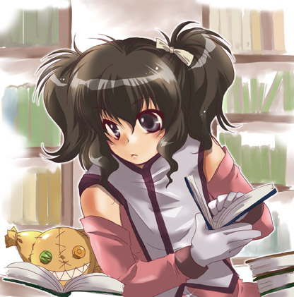 anise tatlin, tokunaga (tales), tales of (series), tales of the abyss, lowres, 00s, 1girl, black eyes, black hair, book, doll, female focus, gloves, ribbon, solo, twintails
