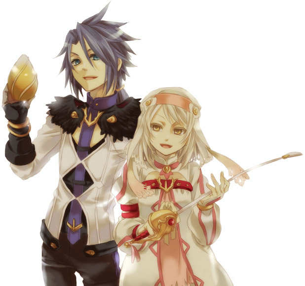 miho (mi), alice (tales), decus (tales), tales of (series), tales of symphonia, tales of symphonia: dawn of the new world, 00s, green eyes, ponytail, purple hair, rapier, short hair, simple background, smile, sword, weapon, white hair, yellow eyes
