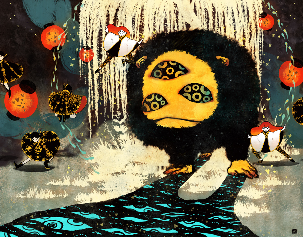 sakamoto himemi, bad id, bad pixiv id, 5girls, lantern, legs apart, monster, multiple girls, outdoors, pantyhose, paper lantern, shadow, standing, traditional youkai, what