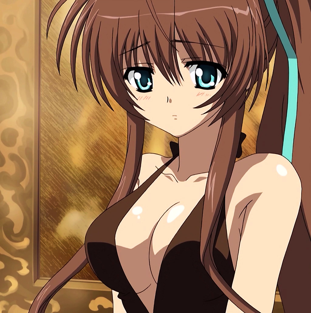 nagase minato, akane-iro ni somaru saka, anime screenshot, 1girl, breasts, cleavage, dress, female focus, green eyes, large breasts, looking at viewer, ponytail, shiny skin, solo