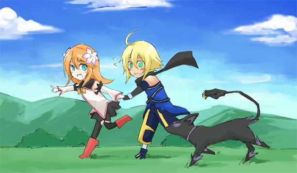 emil castagnier, marta lualdi, tenebrae (tales), tales of (series), tales of symphonia, tales of symphonia: dawn of the new world, 00s, 1boy, 1girl, blonde hair, blue eyes, blush, boots, brown hair, cloud, day, fang, flower, gloves, green eyes, knee boots, running, scarf, sky, tail, thighhighs
