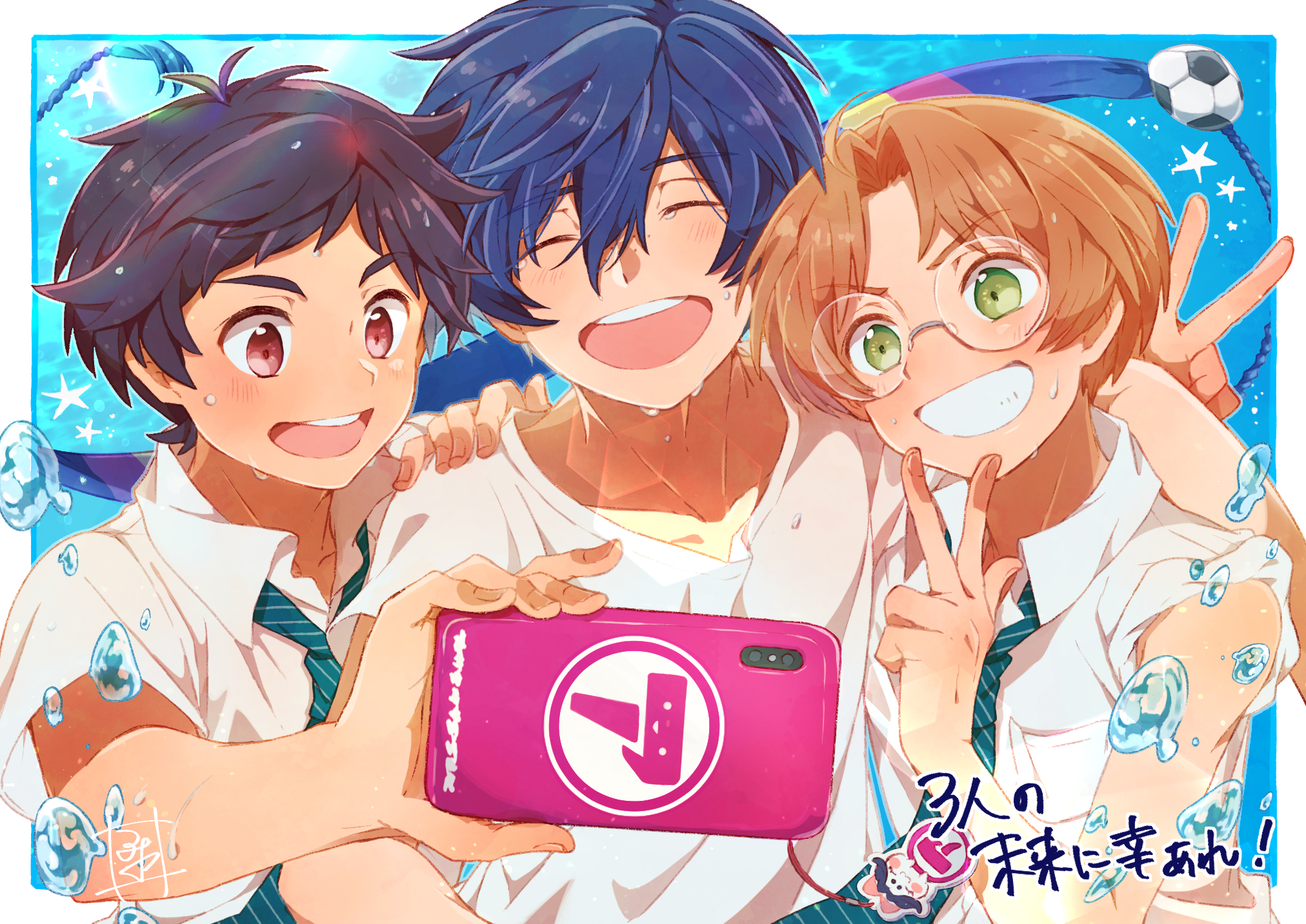 aoya (ayoyame18), azuma sara, jinnai enta, kuji toi, yasaka kazuki, sarazanmai, highres, 3boys, air bubble, blue hair, bubble, cellphone, character charm, charm (object), collared shirt, green eyes, grin, hand on another's shoulder, happy, holding, holding phone, male focus, multiple boys, necktie, open mouth, phone, round eyewear, scene reference, selfie, shirt, short hair, smartphone, smile, striped necktie, underwater, v, wet, wet hair, white shirt
