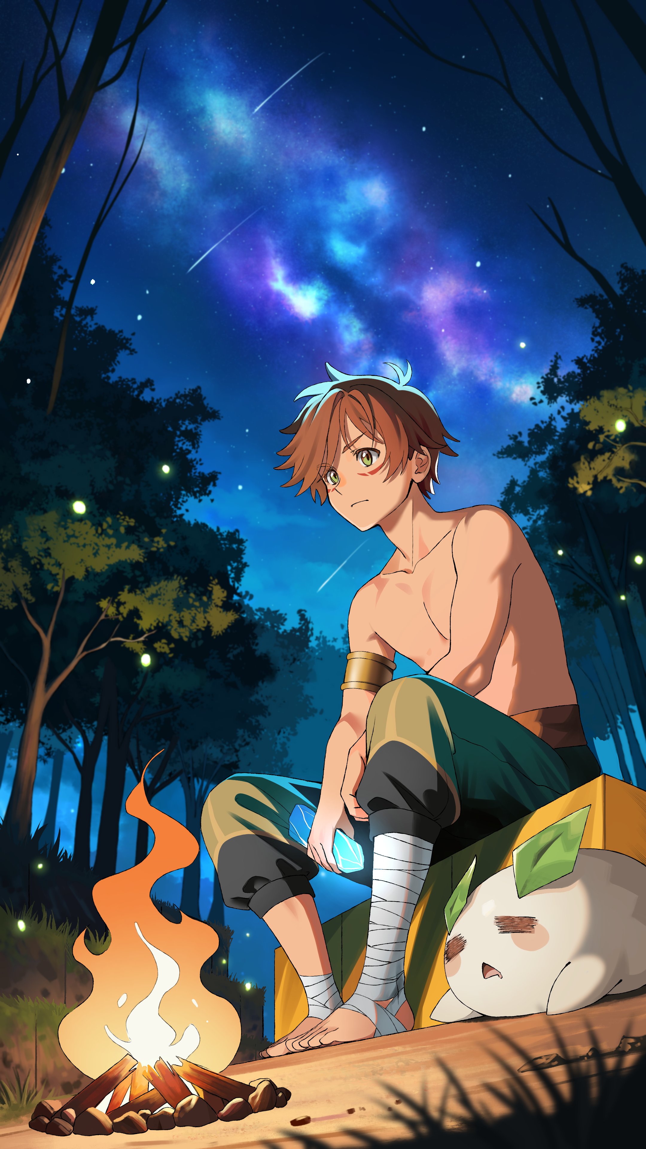 merururuu, absurdres, commentary, english commentary, highres, 1boy, bandaged foot, bandages, brown hair, campfire, closed mouth, creature, crystal, daiko (tomo), drooling, facial mark, forest, full body, holding, holding crystal, male focus, milky way, mouth drool, nature, night, night sky, outdoors, shooting star, short hair, sitting, sky, sleeping, star (sky), tomo: endless blue, topless male, tree