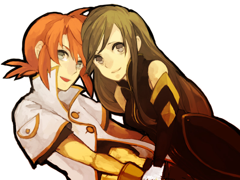 luke fon fabre, tear grants, tales of (series), tales of the abyss, 00s, 1boy, 1girl, brown eyes, brown hair, couple, gloves, green eyes, hetero, long hair, red hair, smile