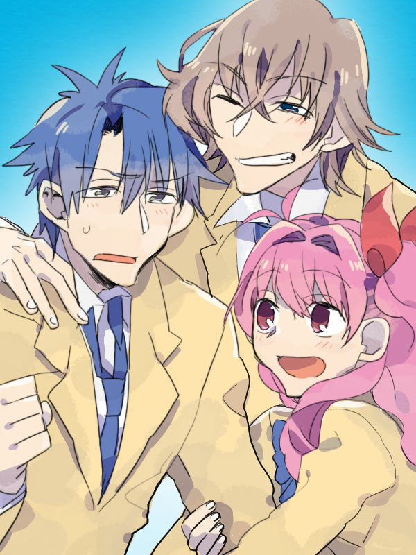 wa6, nishijou takumi, sakihata rimi, chaos;head, science adventure, 1girl, 2boys, :d, blazer, blue eyes, blue hair, blush, bow, breasts, brown hair, brown jacket, collared shirt, green eyes, grin, hair ribbon, hairband, jacket, lapels, long hair, long sleeves, looking at viewer, misumi daisuke, multiple boys, necktie, notched lapels, one eye closed, open mouth, pink eyes, pink hair, plaid clothes, ribbon, school uniform, shirt, short hair, skirt, smile, suimei academy school uniform, upper body, white shirt