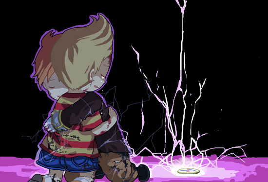 claus (mother 3), lucas (mother 3), masked man (mother 3), mother (series), mother 3, nintendo, spoilers, 2boys, blonde hair, blood, brown hair, comforting, hug, male focus, multiple boys, tears